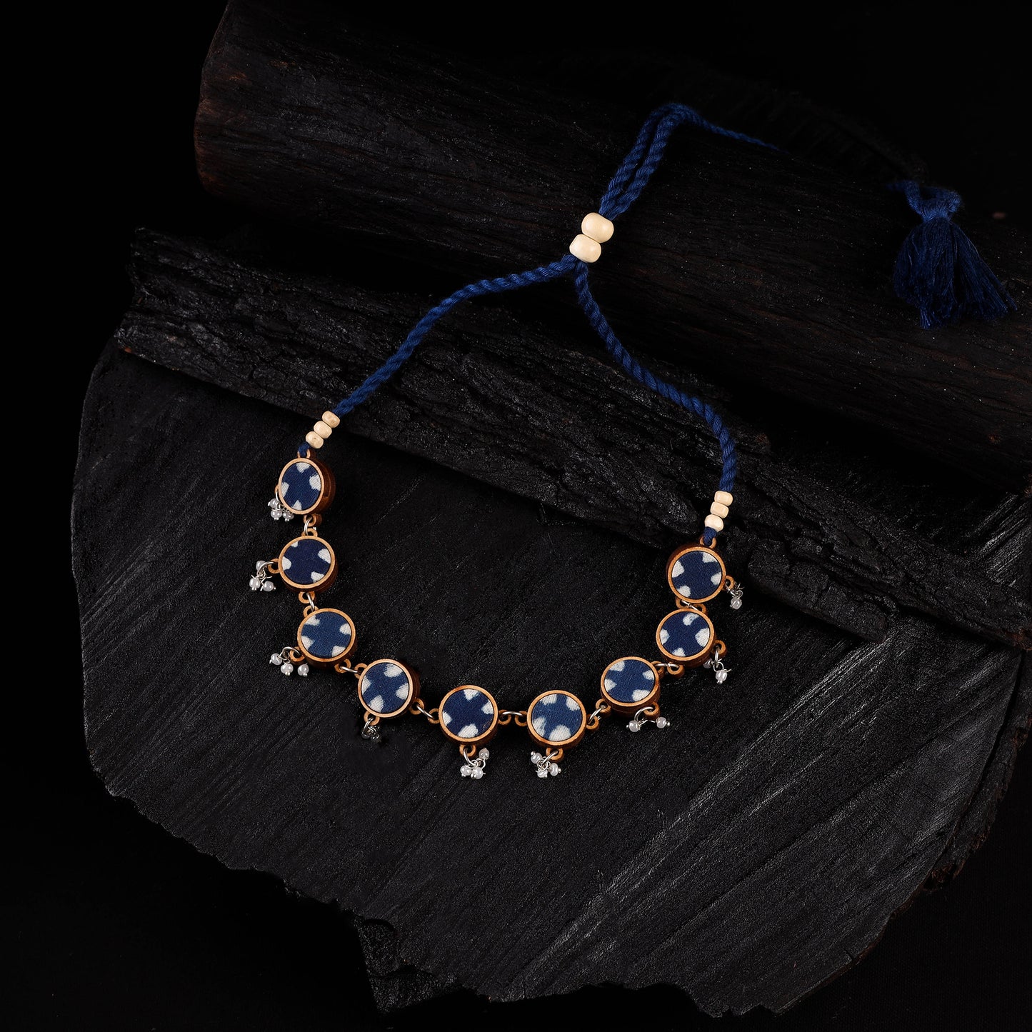 WHE Indigo Blue Repurposed Fabric & Wood Choker Necklace 09