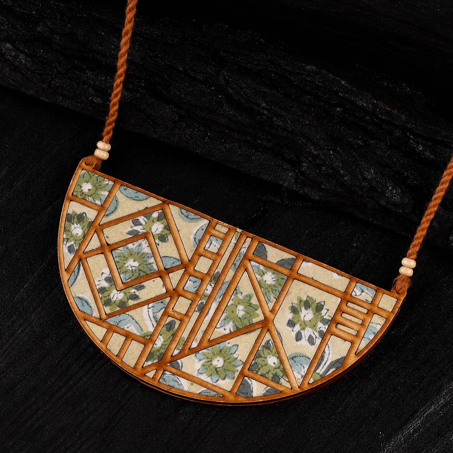 WHE Green Bloom Repurposed Floral Fabric & Wood Maze Necklace 11
