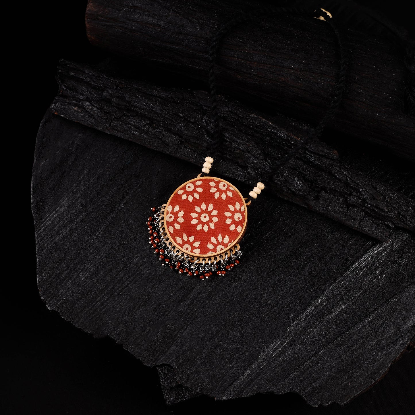 WHE Black & Red Two in One Repurposed Ajrakh Fabric & Wood Round Pendant Necklace 14