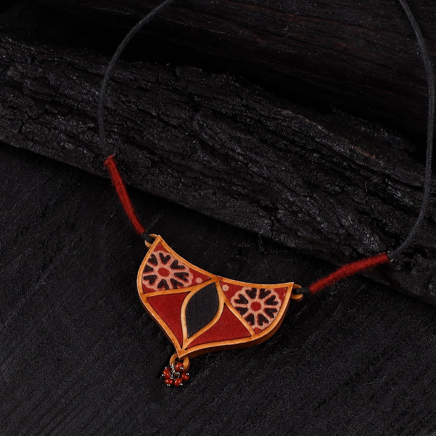 WHE Maroon Repurposed Ajrakh Fabric & Wood Necklace 16