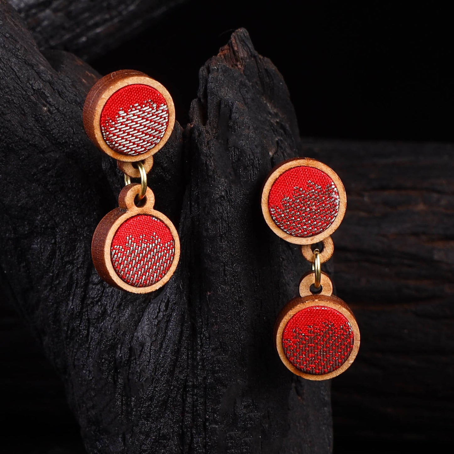 WHE Red Festive Repurposed Banarasi Brocade Fabric & Wood Earrings 18