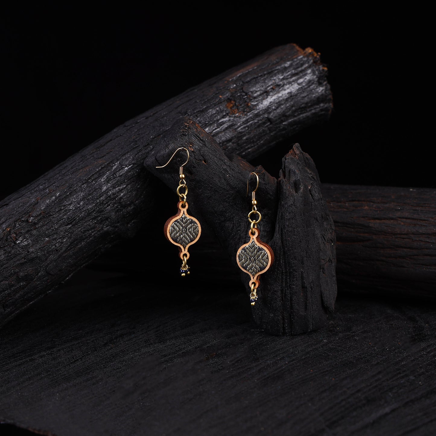 WHE Blue Festive Repurposed Banarasi Brocade Fabric & Wood Earrings 20