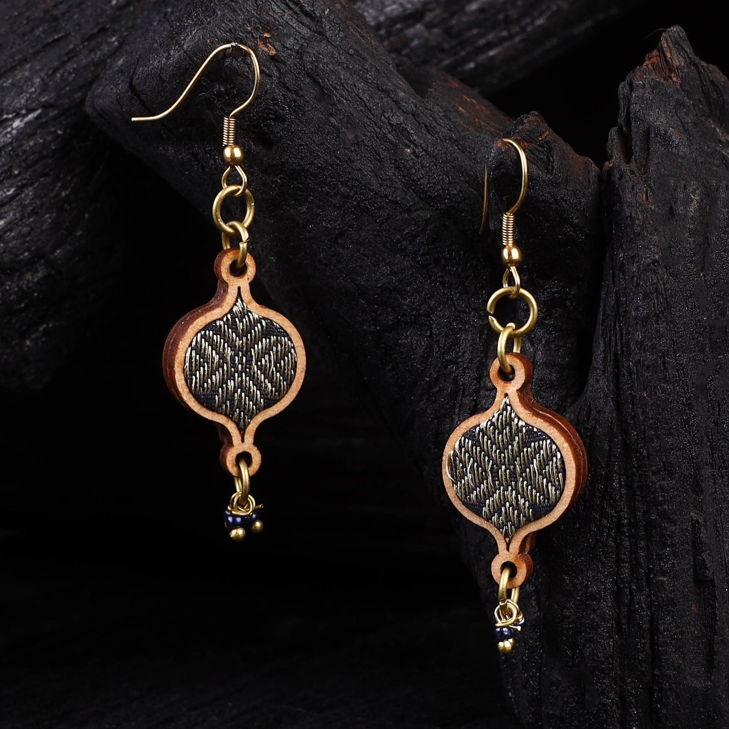 WHE Blue Festive Repurposed Banarasi Brocade Fabric & Wood Earrings 20