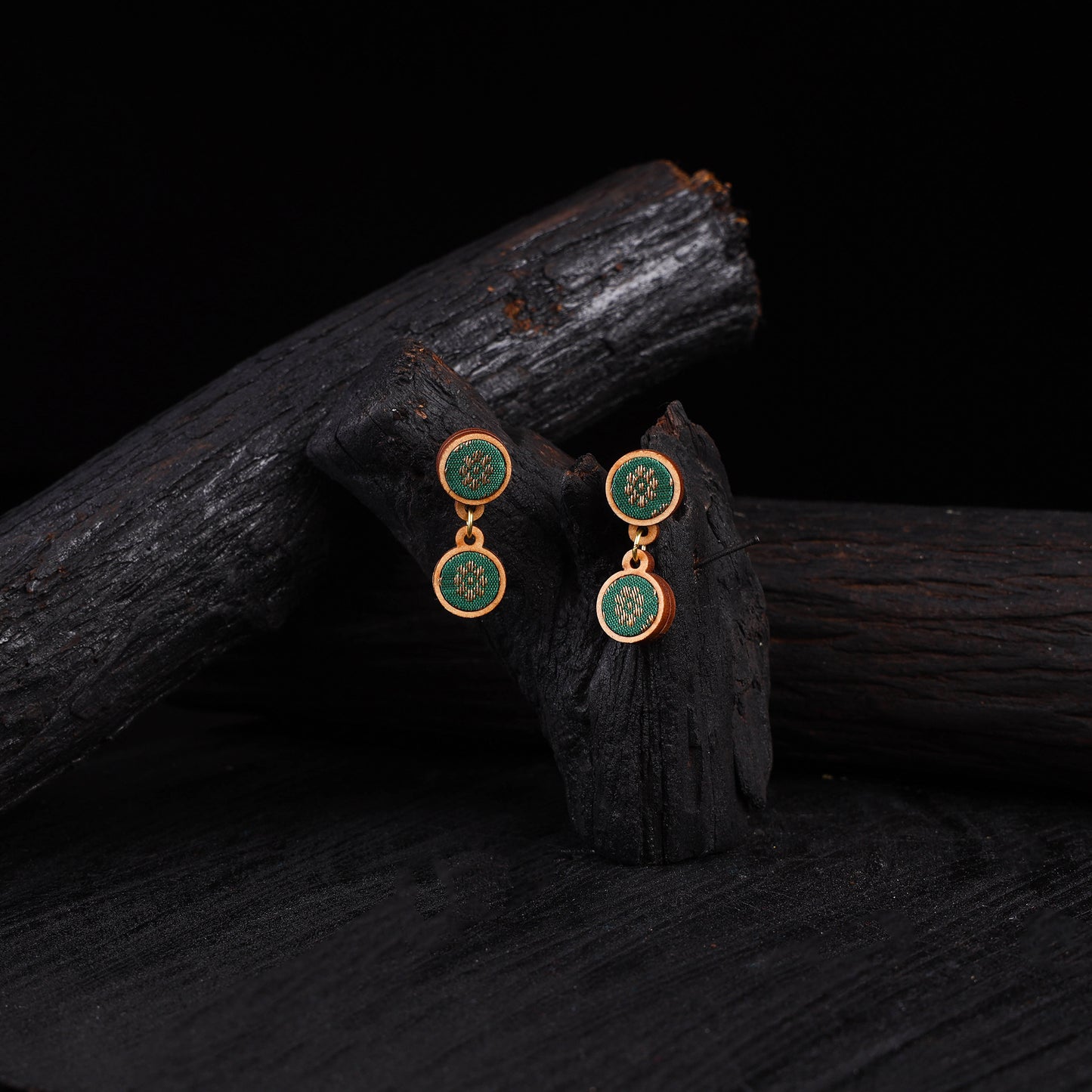 WHE Green Festive Repurposed Banarasi Brocade Fabric & Wood Earrings 23
