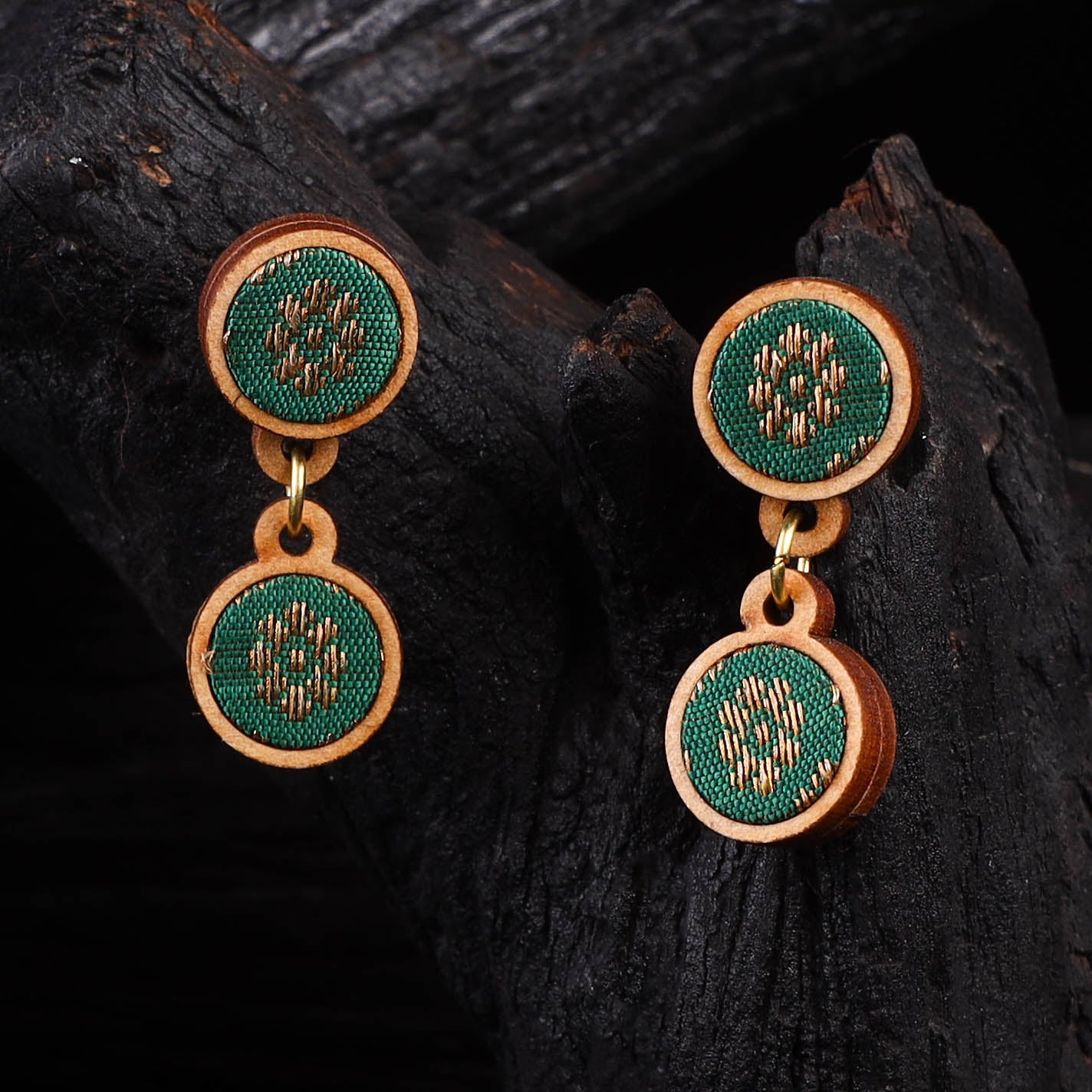 WHE Green Festive Repurposed Banarasi Brocade Fabric & Wood Earrings 23