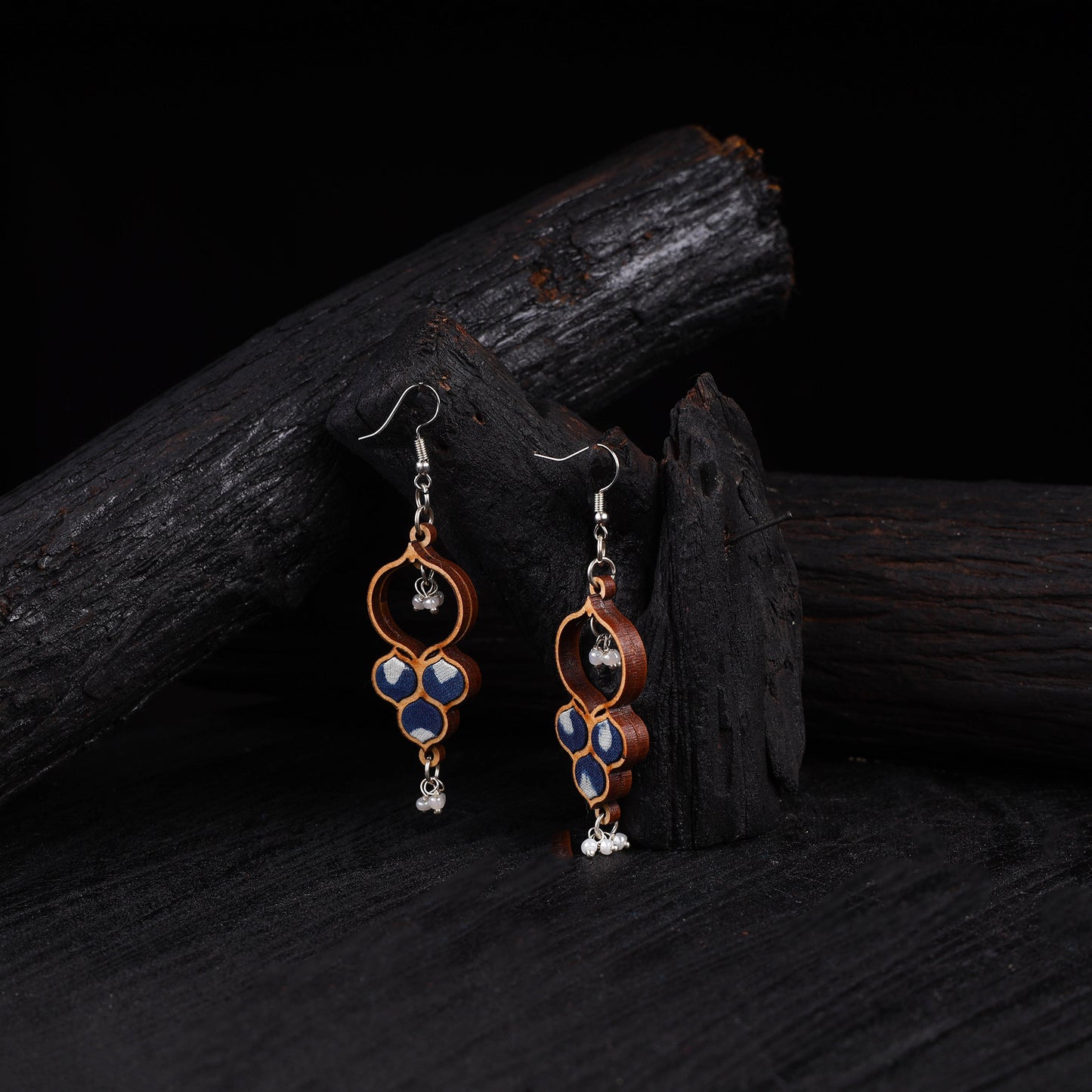 WHE Indigo Repurposed Fabric & Wood Round Danglers 24