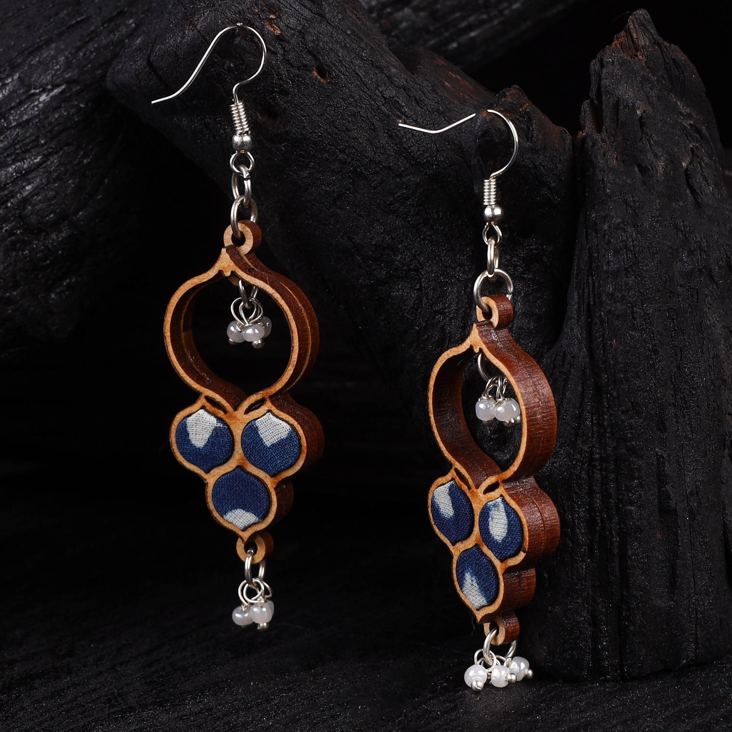 WHE Indigo Repurposed Fabric & Wood Round Danglers 24