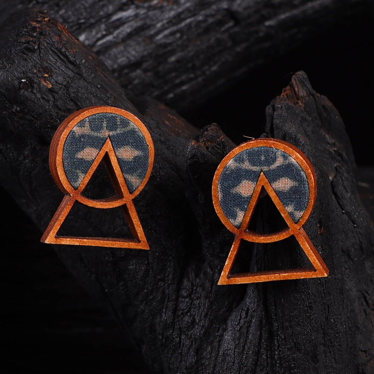 WHE Blue Two Look in One Repurposed Fabric & Wood Geometric Stud Earrings 25