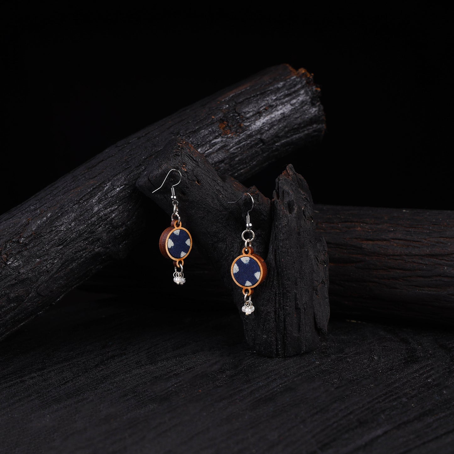 WHE Indigo Blue Repurposed Fabric & Wood Danglers 26