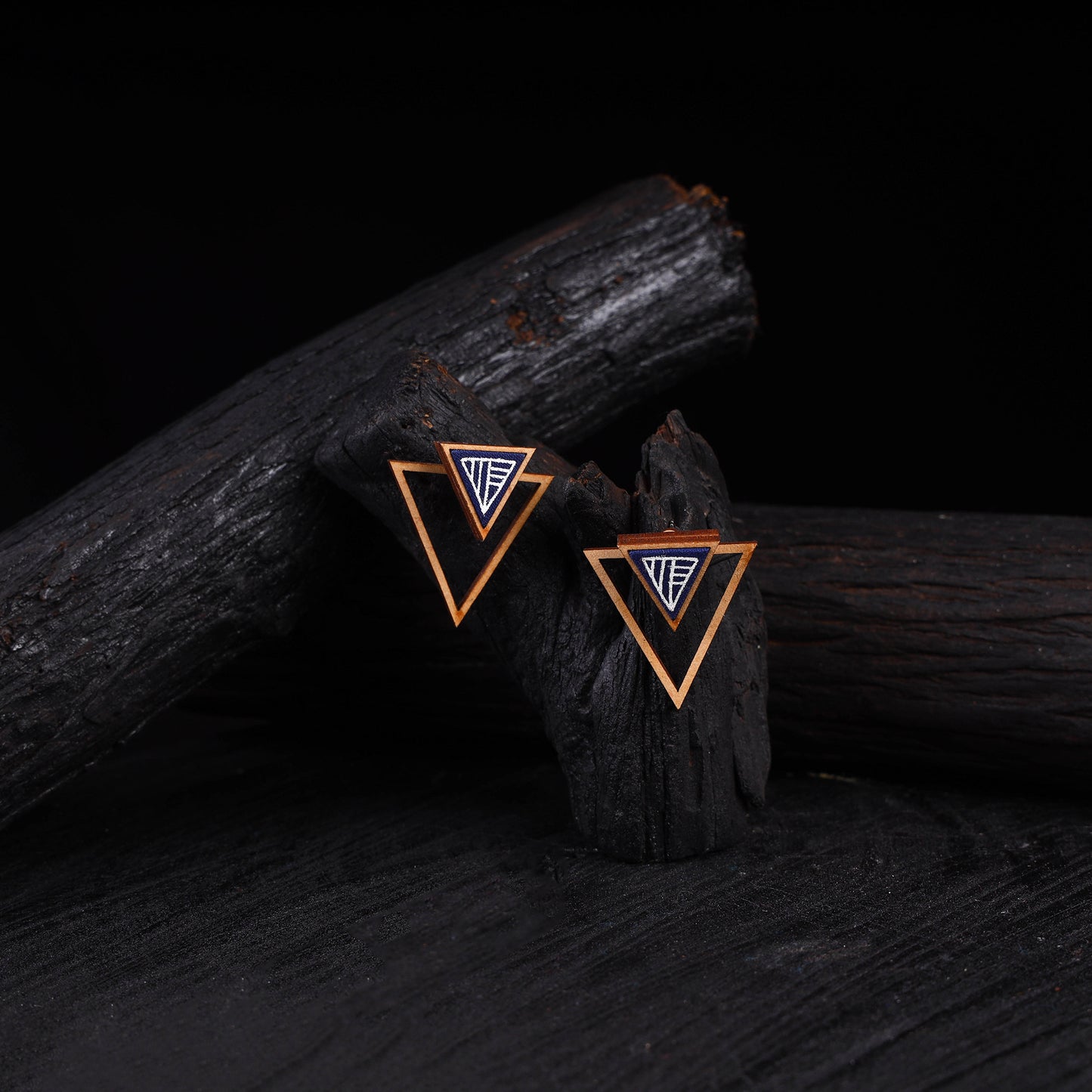 WHE Blue Hand Painted Two Look in One Repurposed Fabric & Wood Triangle Earrings 29