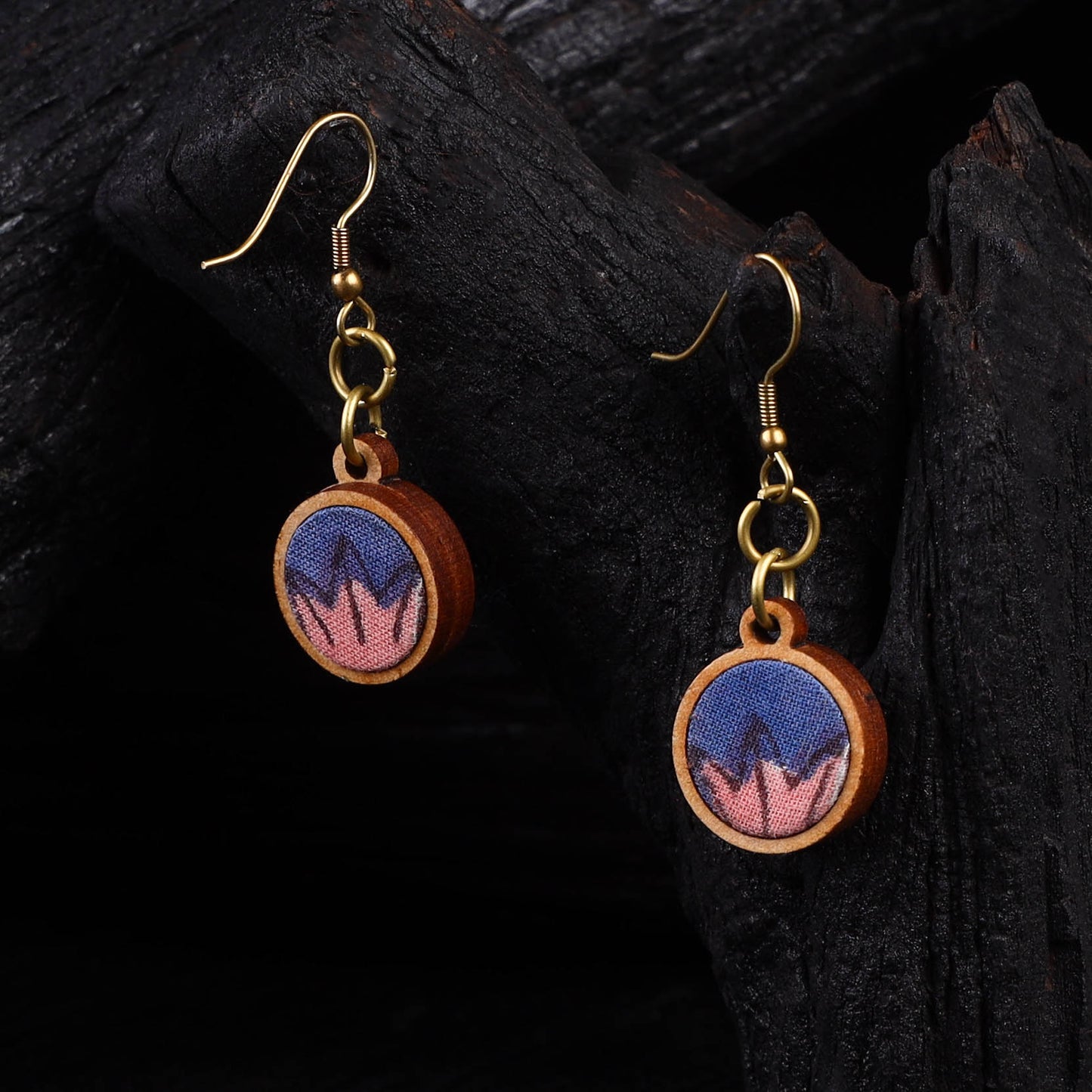 WHE Multicolour Repurposed Fabric & Wood Round Earrings 31