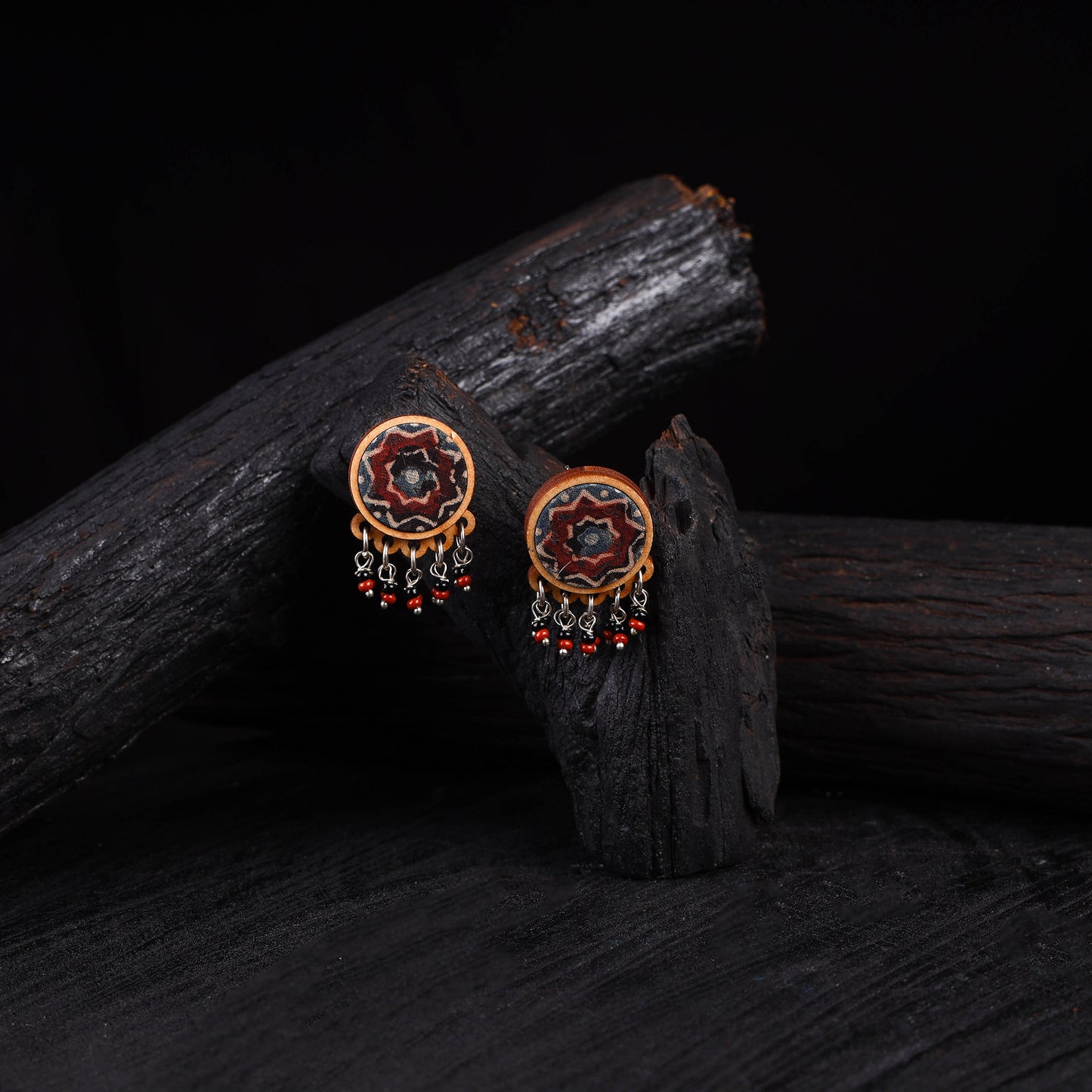 WHE Multicolor Repurposed Ajrakh Fabric & Wood Round Studs Earrings 33