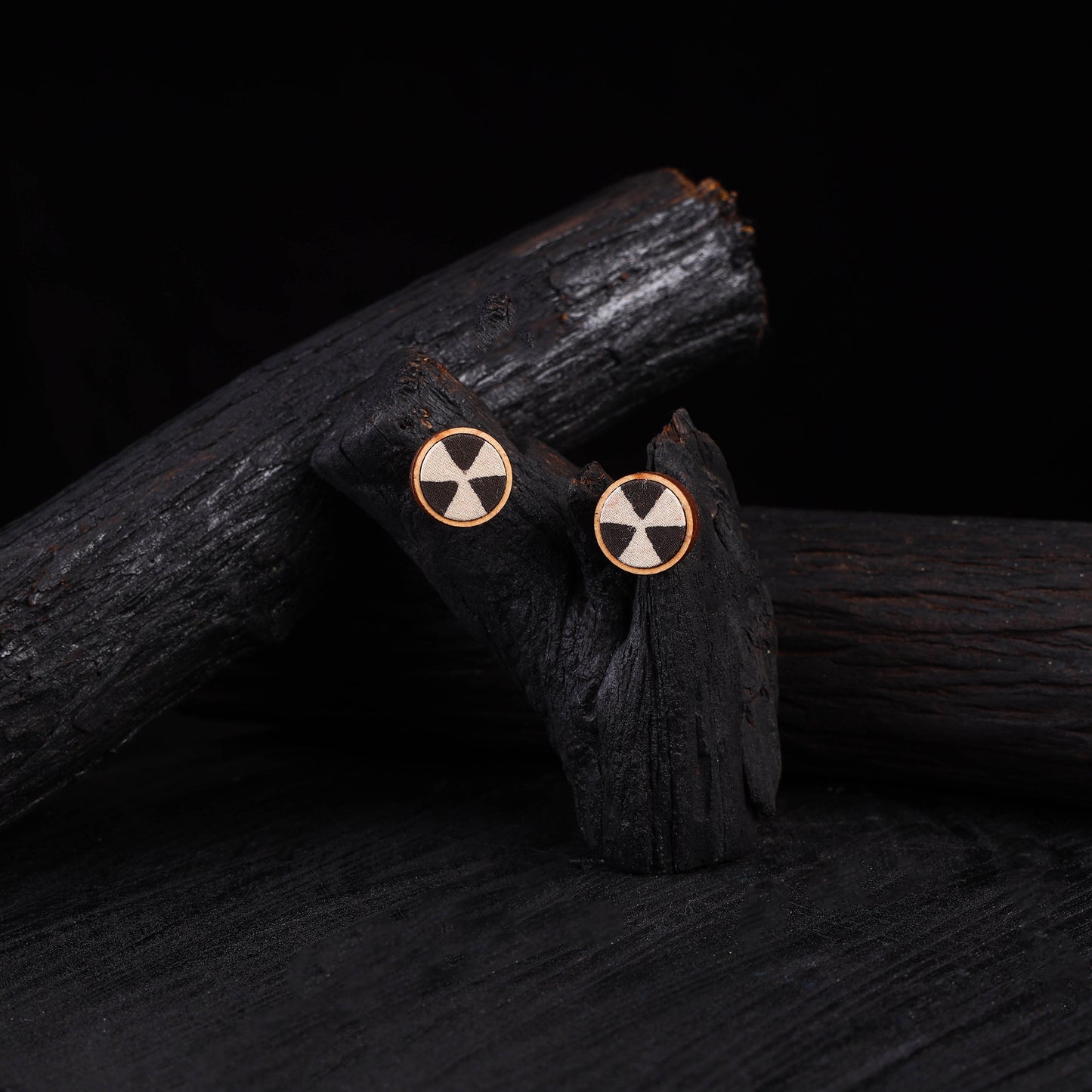 WHE Black & Beige Repurposed Fabric & Wood Stud Earrings 34