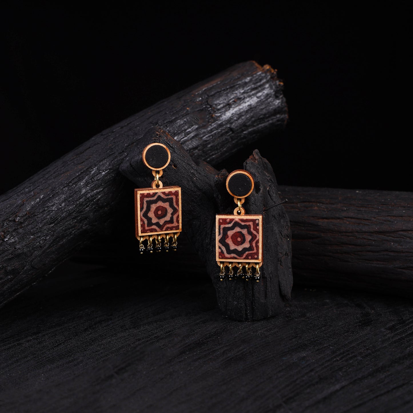 WHE Black Repurposed Ajrakh Fabric & Wood Square Earrings 35
