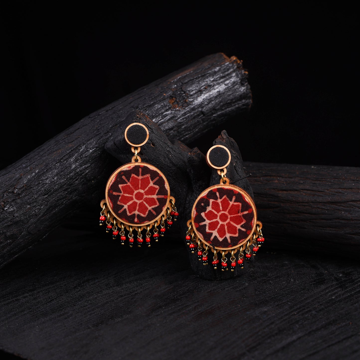 WHE Red Repurposed Ajrakh Fabric & Wood Round Earrings 36