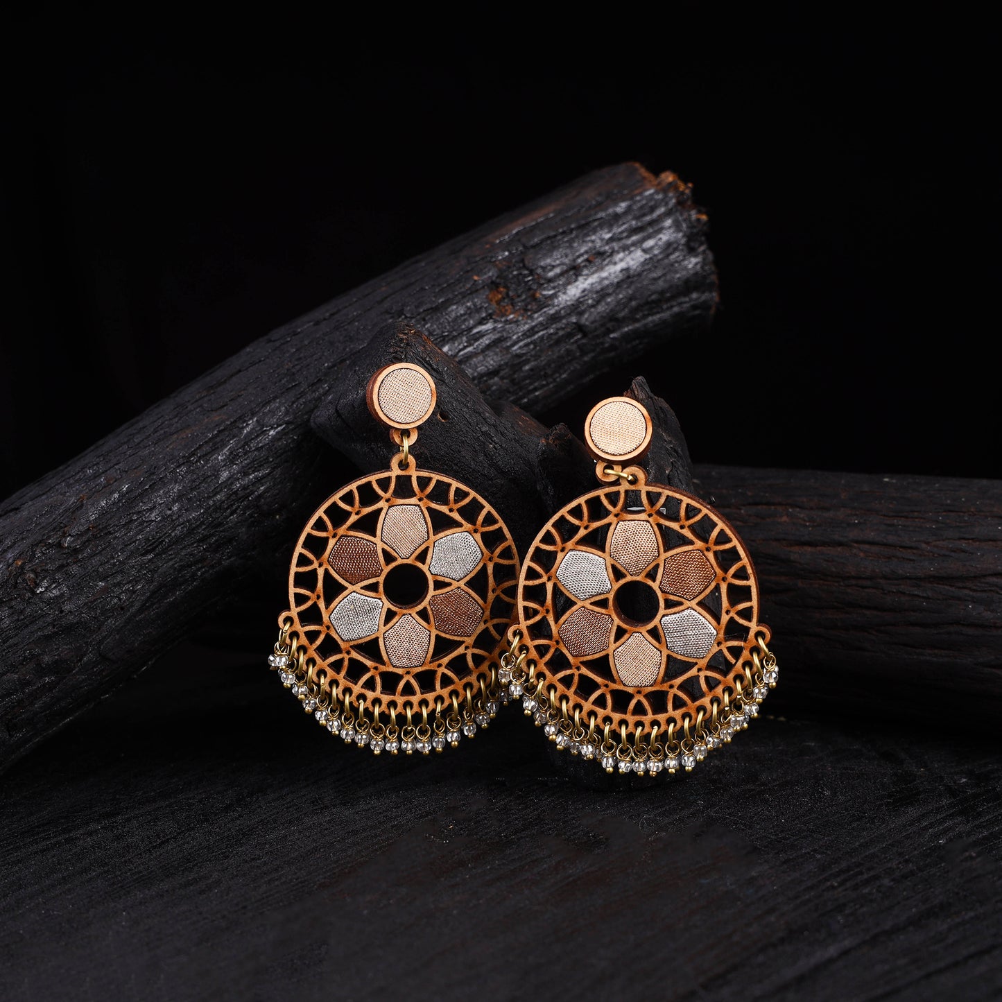 WHE Gold & Silver Festive Wheel Repurposed Fabric & Wood Earrings 37