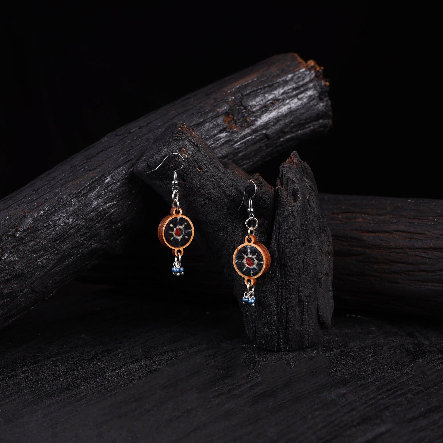 WHE Blue Repurposed Ajrakh Fabric & Wood Danglers 41