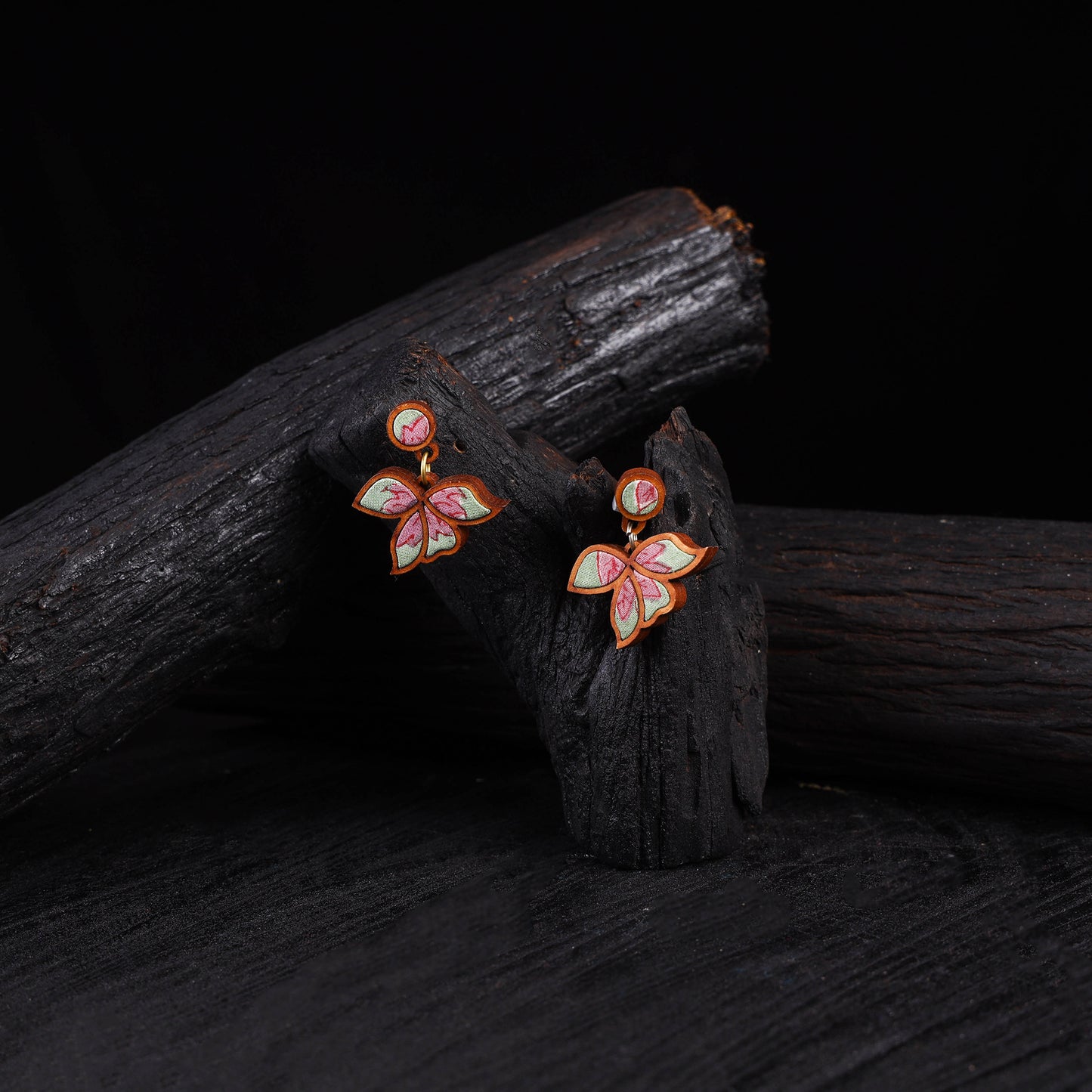 WHE Green Bloom Repurposed Fabric & Wood Leaf Earrings 45