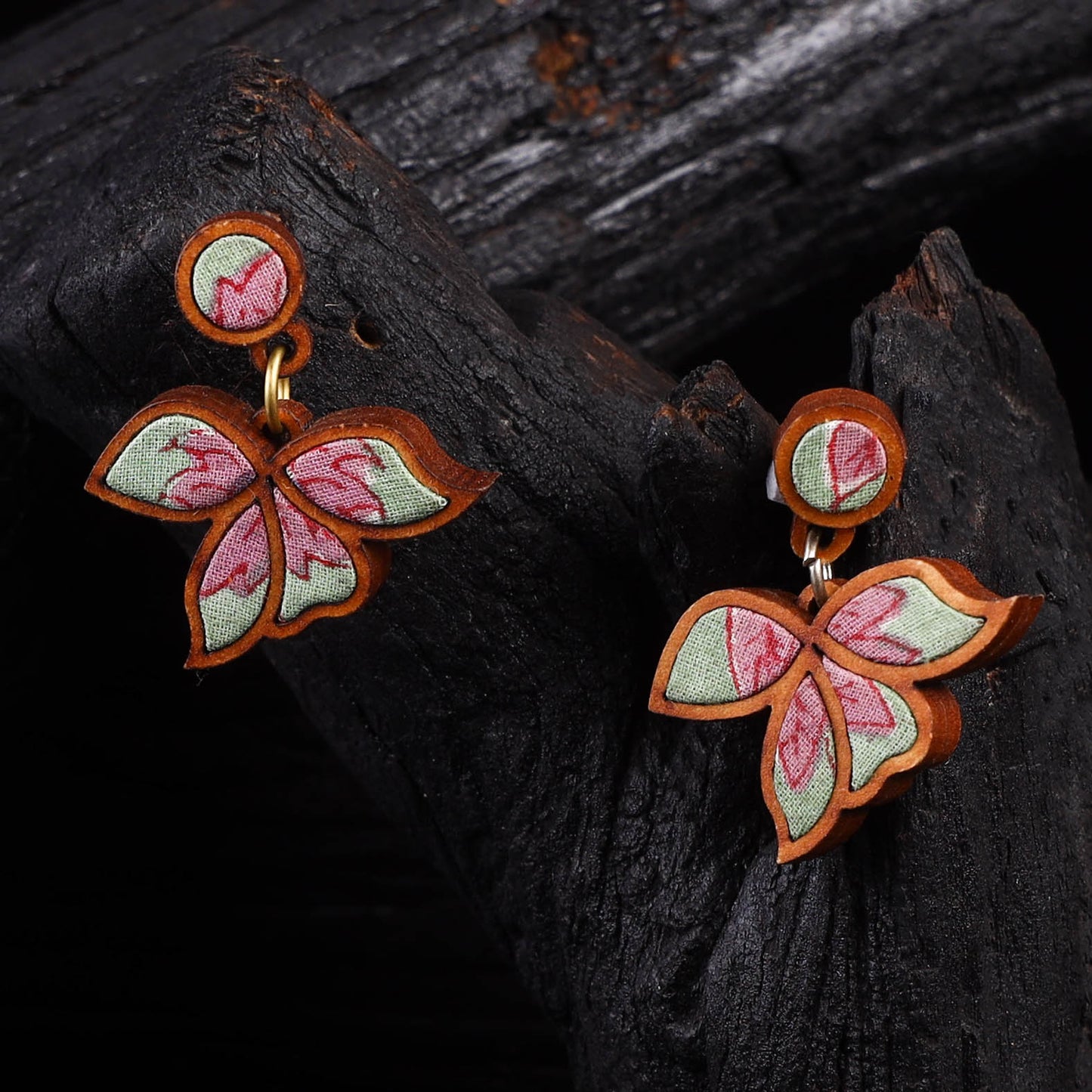 WHE Green Bloom Repurposed Fabric & Wood Leaf Earrings 45