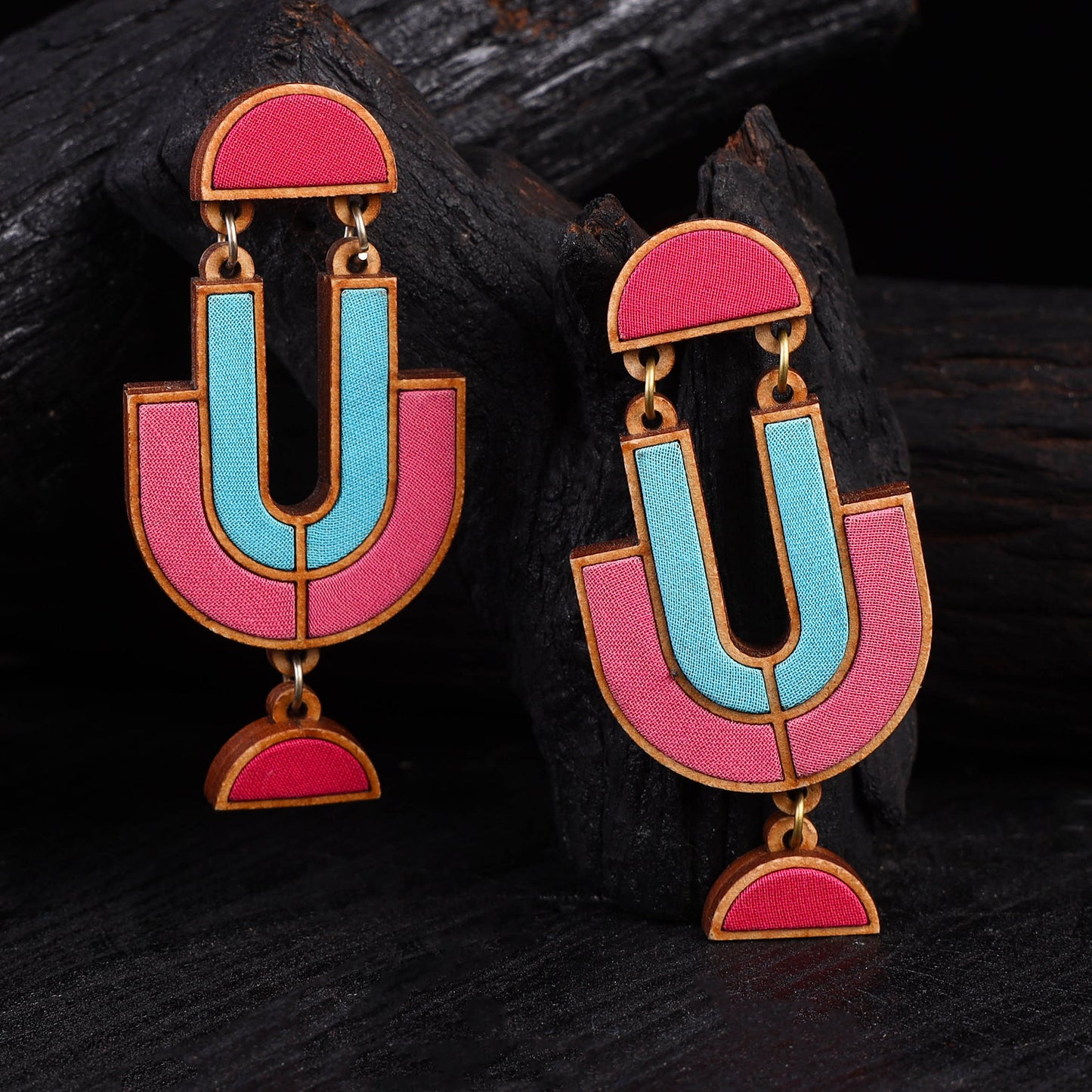 WHE Multicolour Repurposed Fabric & Wood Earrings 46
