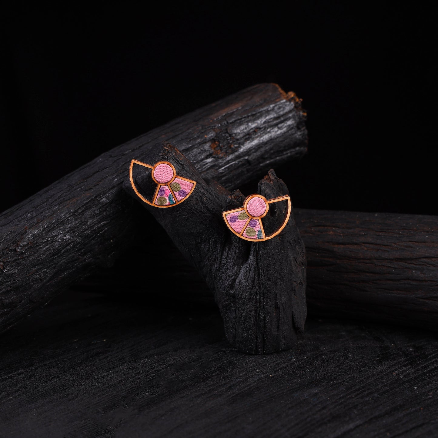 WHE Pink Geometrical Repurposed Fabric & Wood Earrings 48