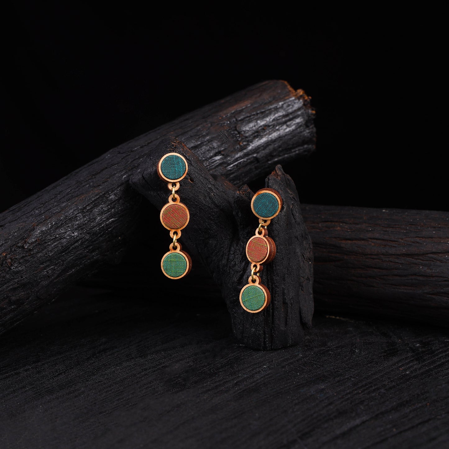 WHE Green Brown Repurposed Fabric & Wood Round Earrings 49