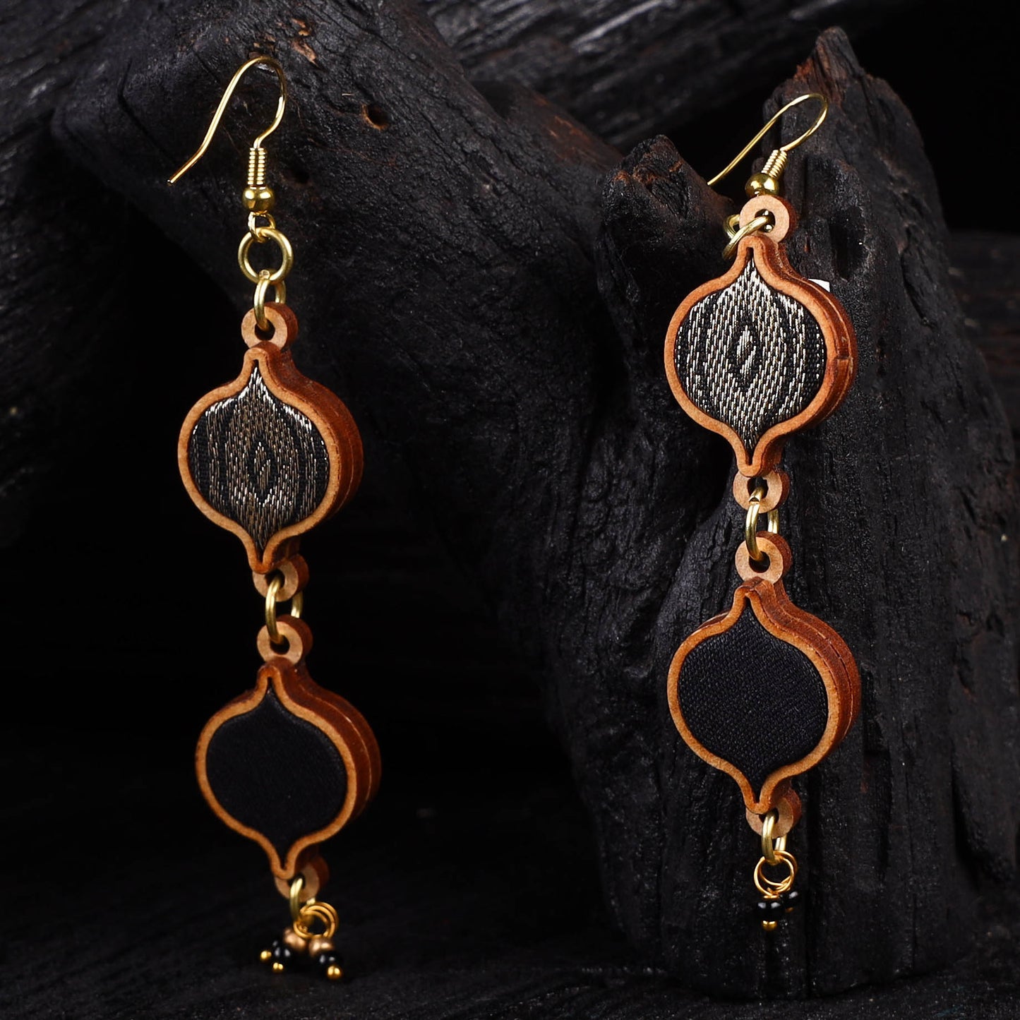 WHE Black & Gold Festive Multi Layered Repurposed Fabric & Wood Earrings 50