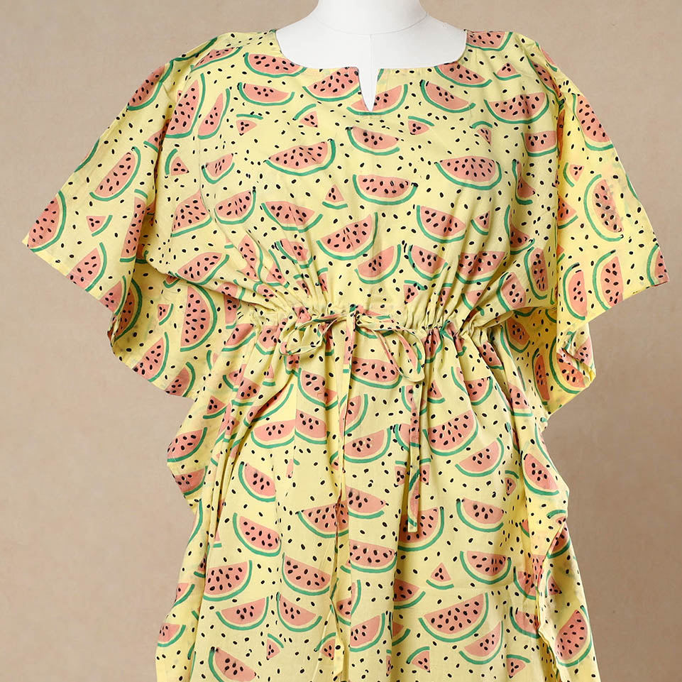 Hand Block Printed Cotton Kaftan with Tie-Up Waist