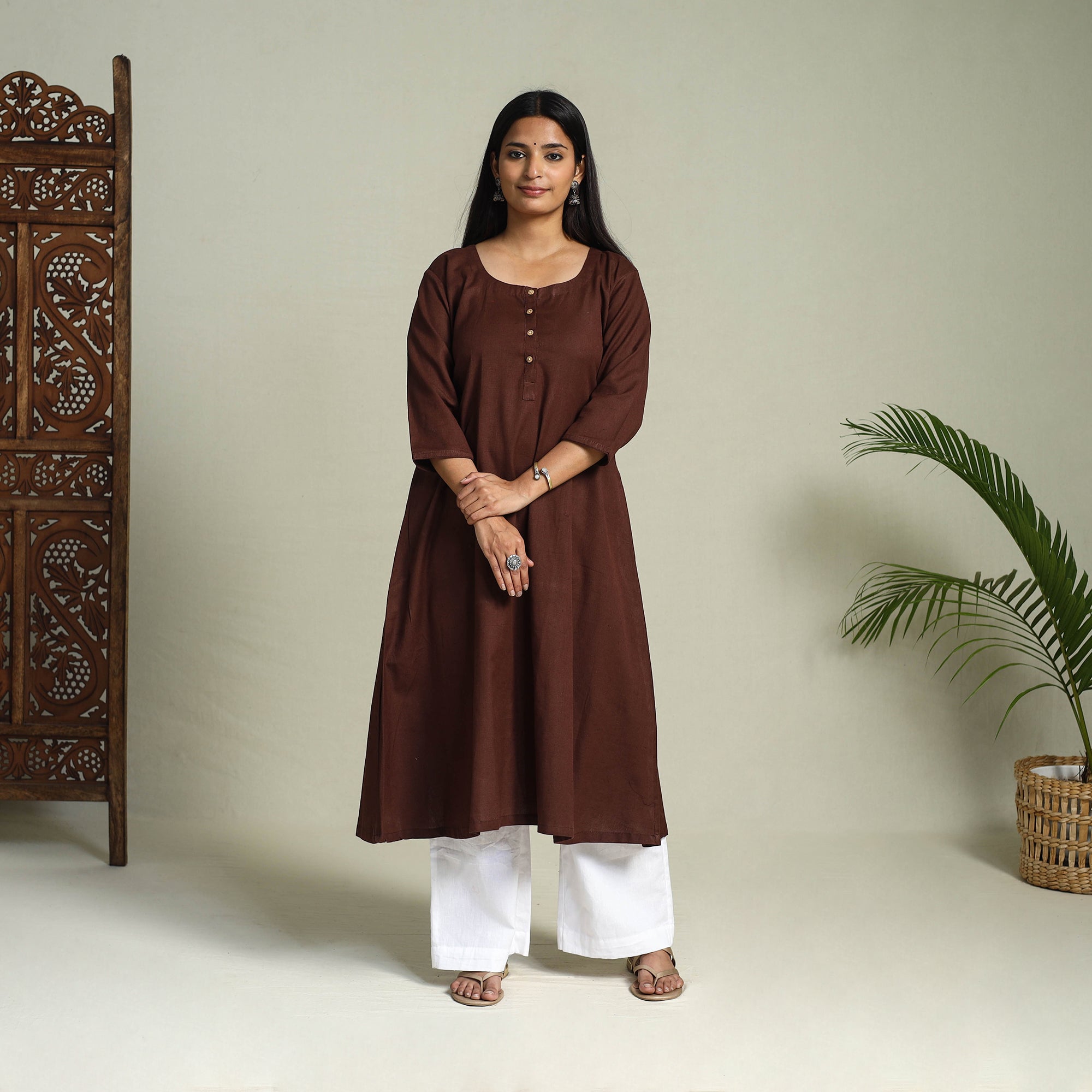 Brown - Flex Cotton A-Line Plain Long Kurta 09