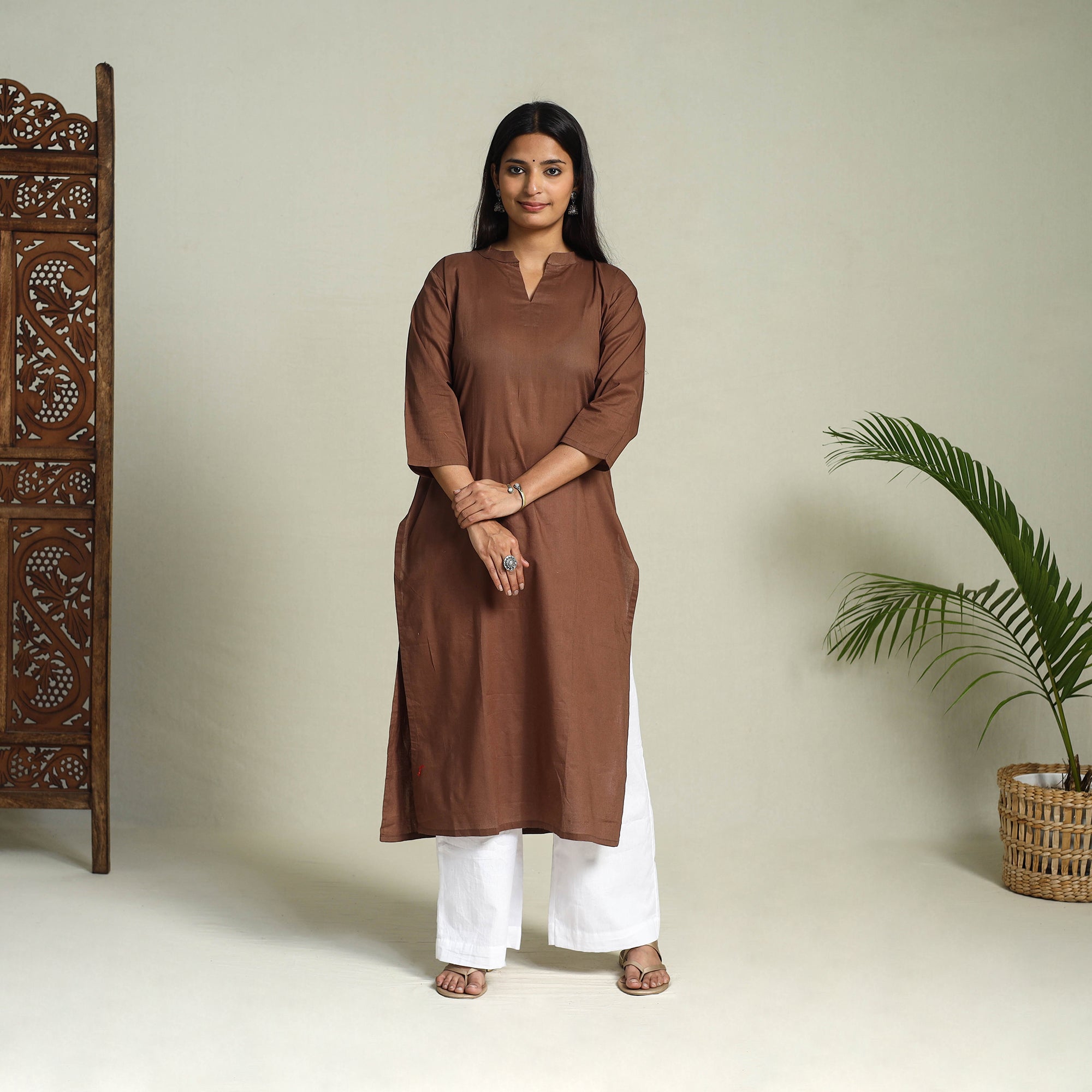 Brown - Cotton Straight Plain Long Kurta 03