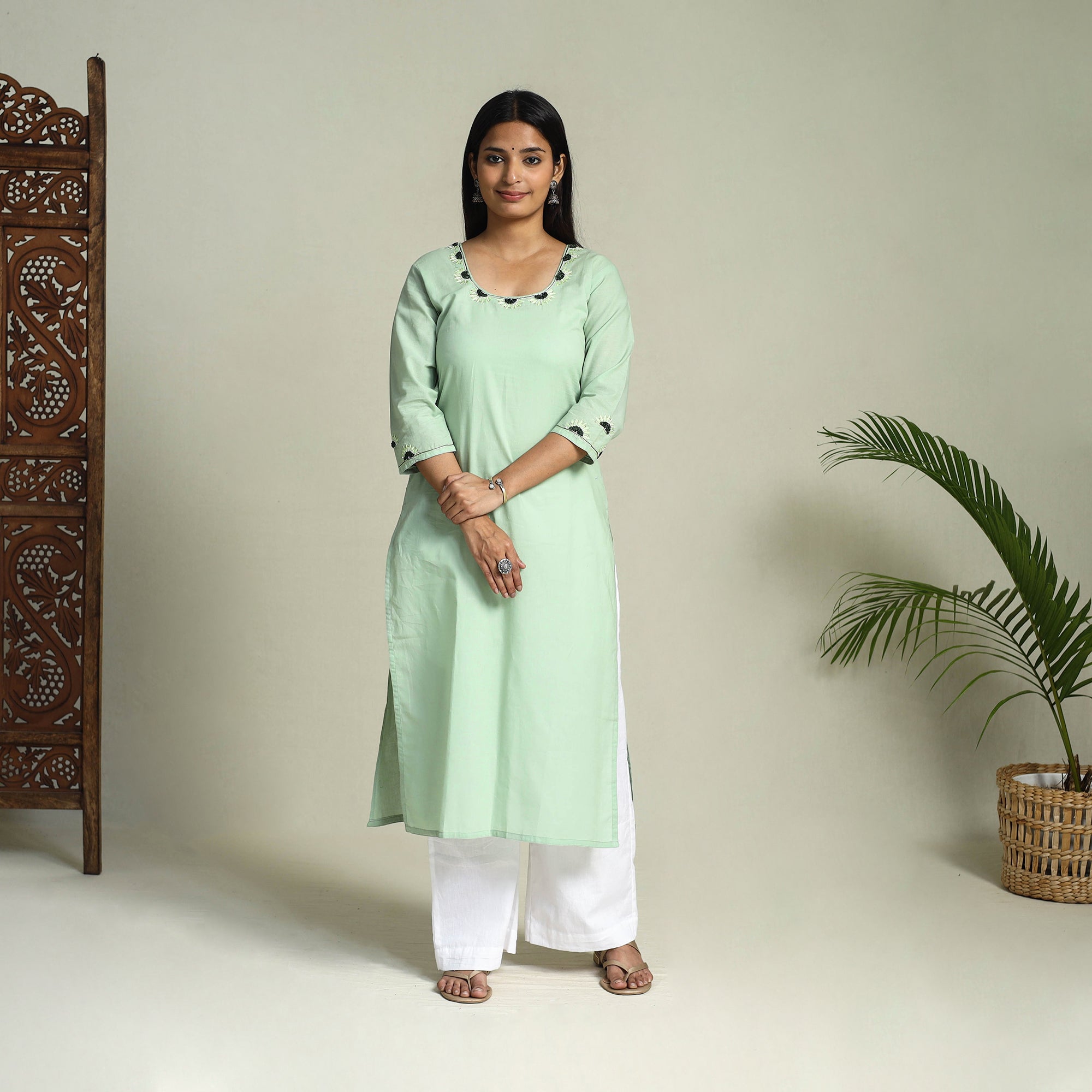 Green - Hand Embroidered Cotton Straight Plain Long Kurta 04