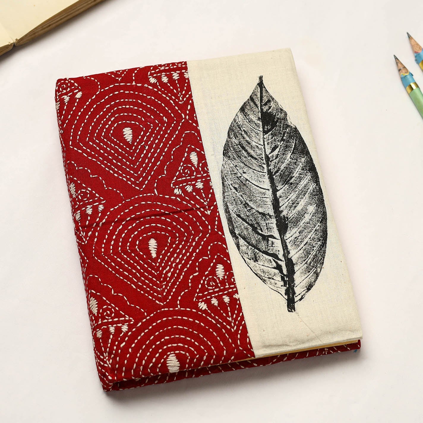 Red - handmade paper notebook with eco leaf kantha work 02