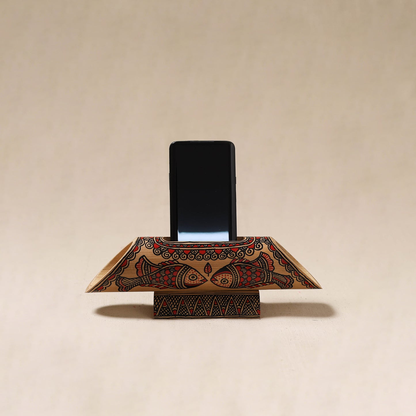 Brown - Madhubani Handpainted Hand Carved Natural Bamboo Phone Audio Amplifier Speaker 02