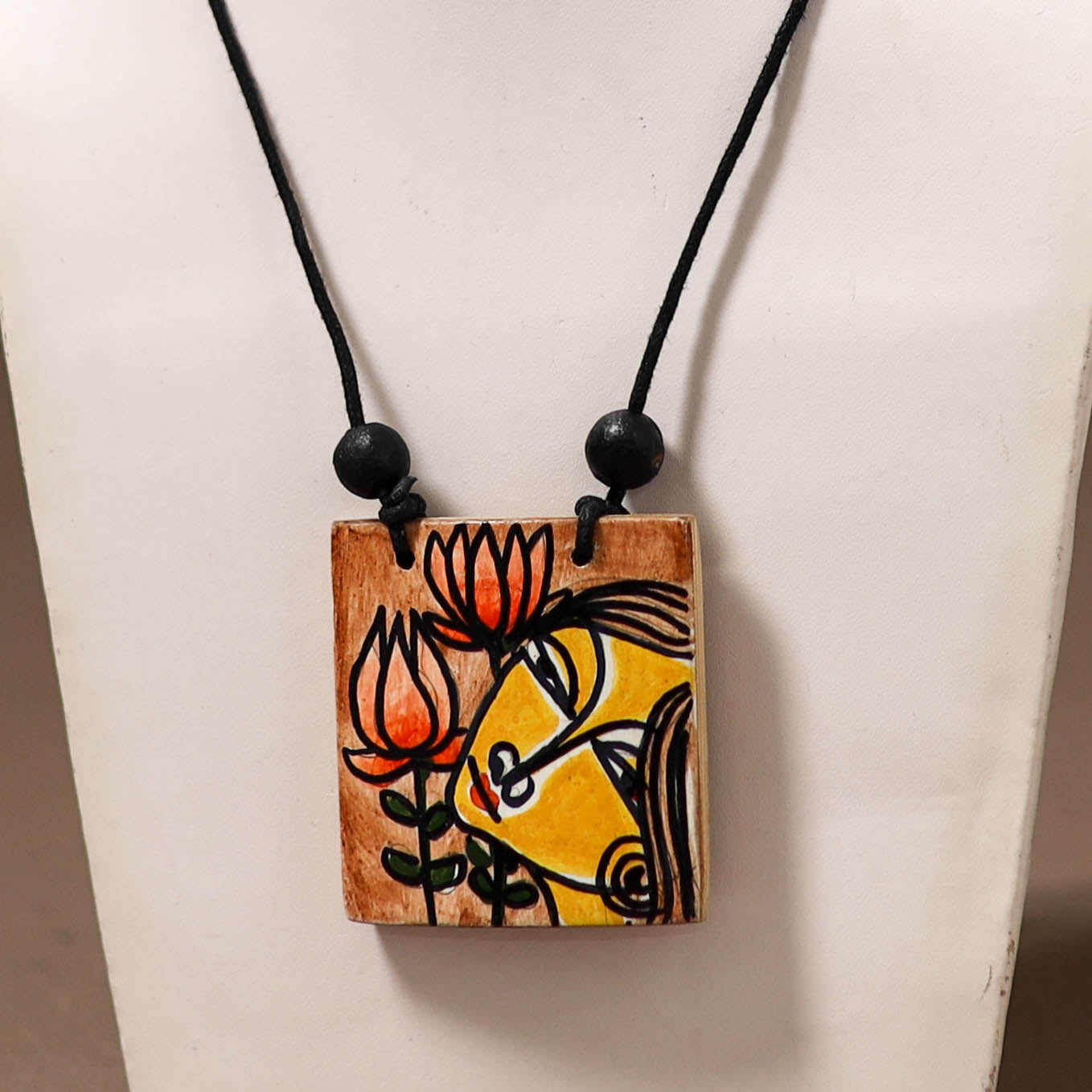 Kerala Mural Handpainted Bamboo Necklace 173