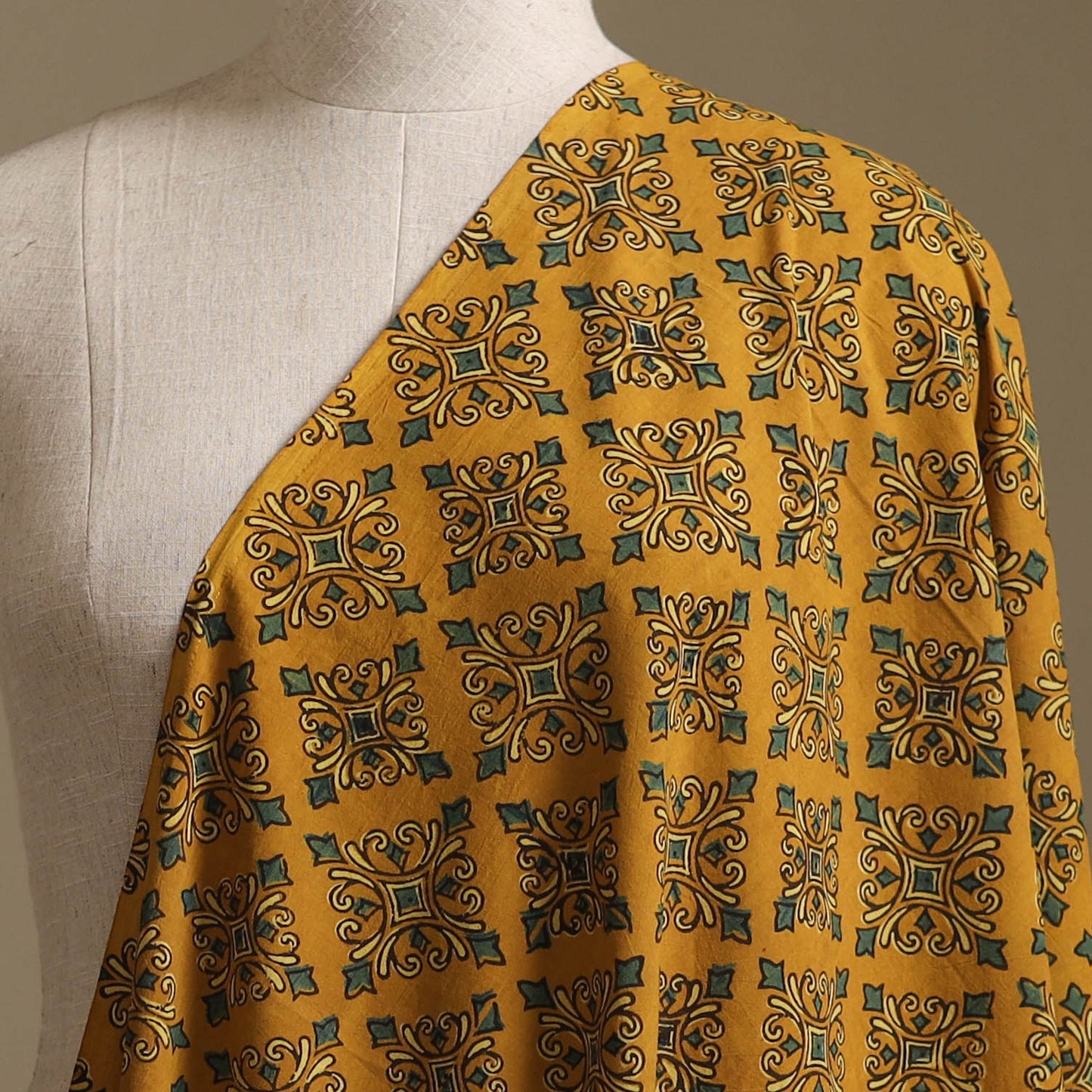 Yellow - Kutch Hand Block Ajrakh Print Natural Dyed Cotton Fabric 14