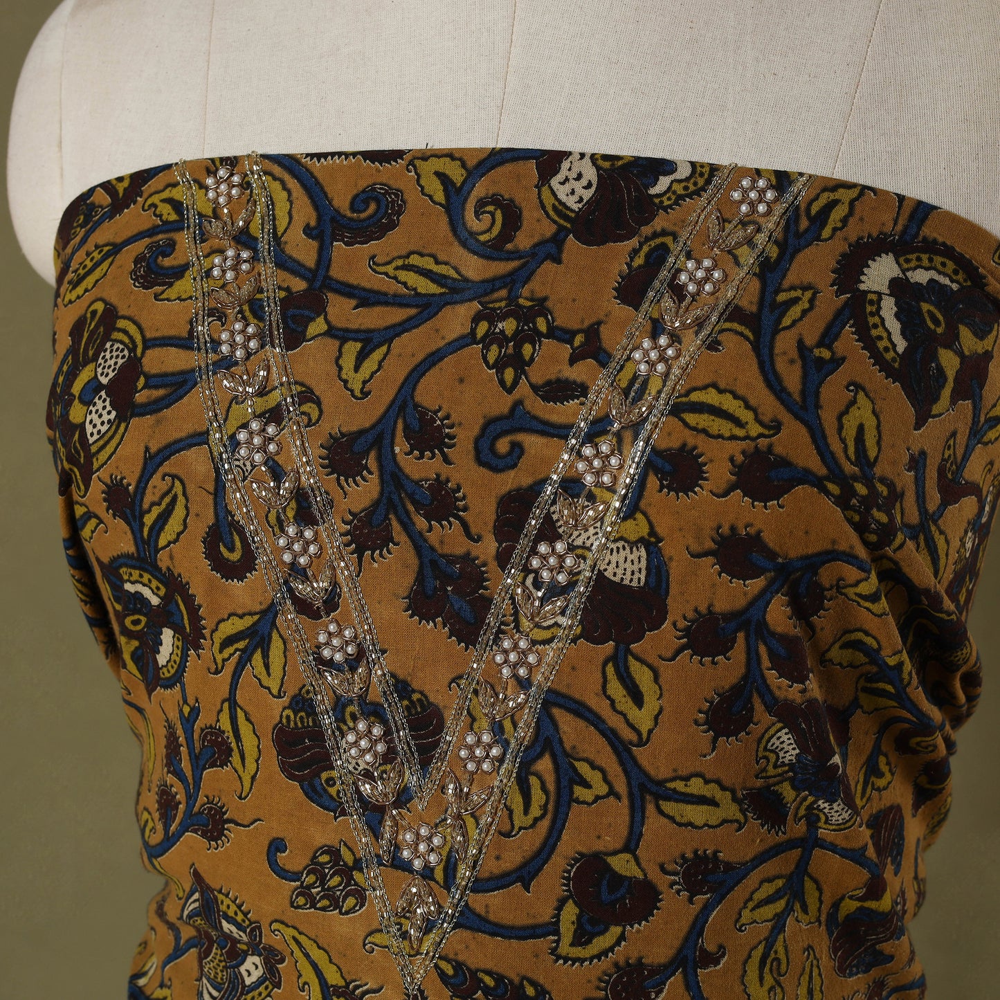Yellow - kalamkari hand embroidery cotton blouse piece 07