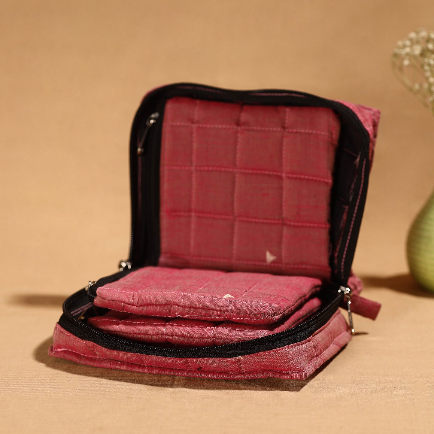 Pink Handmade 4 Pockets Cotton Jewelry Bag