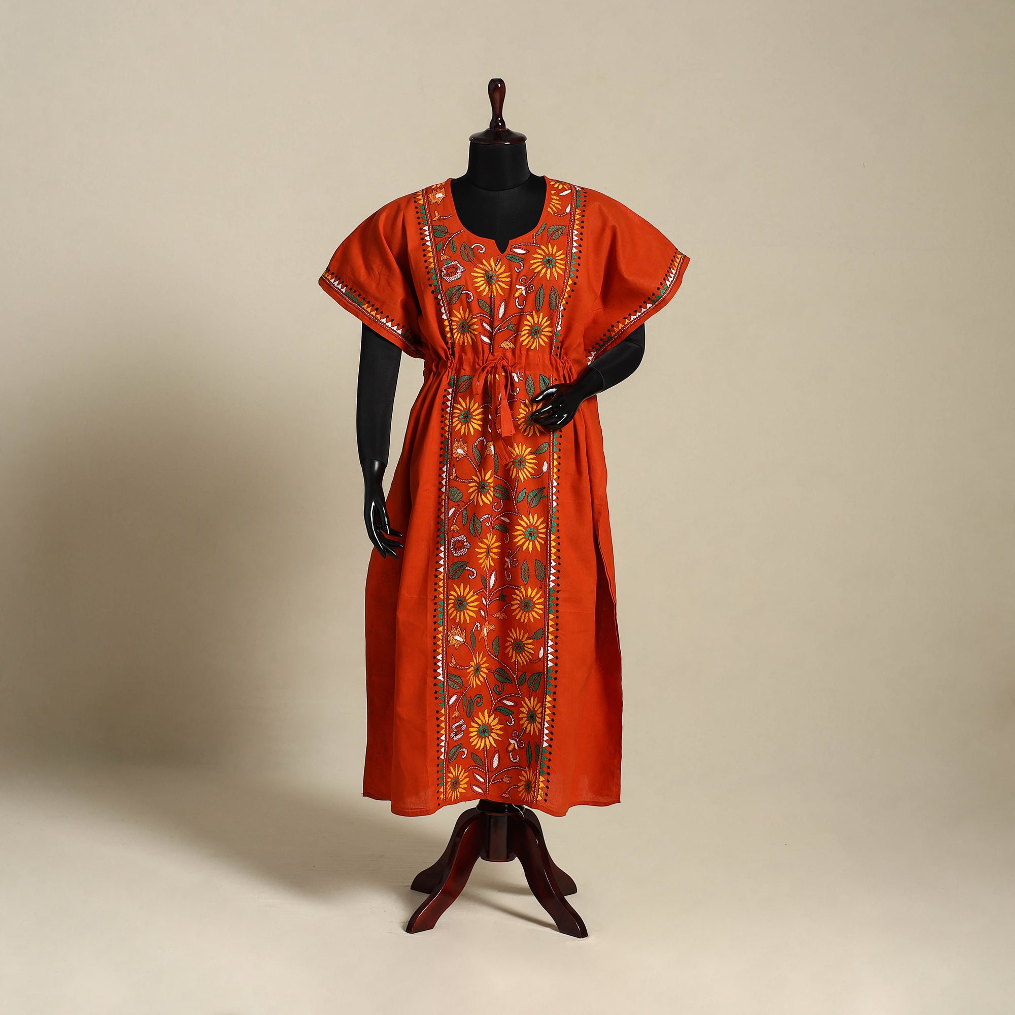 Maroon - Bengal Kantha Hand Embroidery Cotton Kaftan (Long) 27