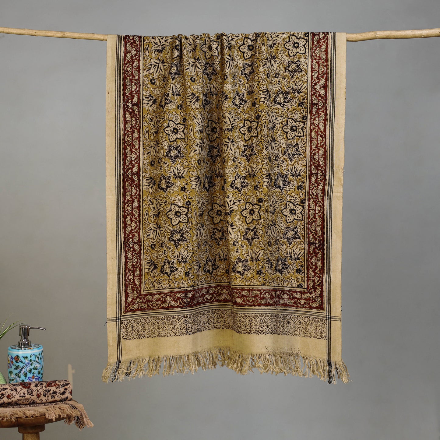 Yellow - Handloom Cotton Natural Dyed Block Print Pedana Kalamkari Towel 01