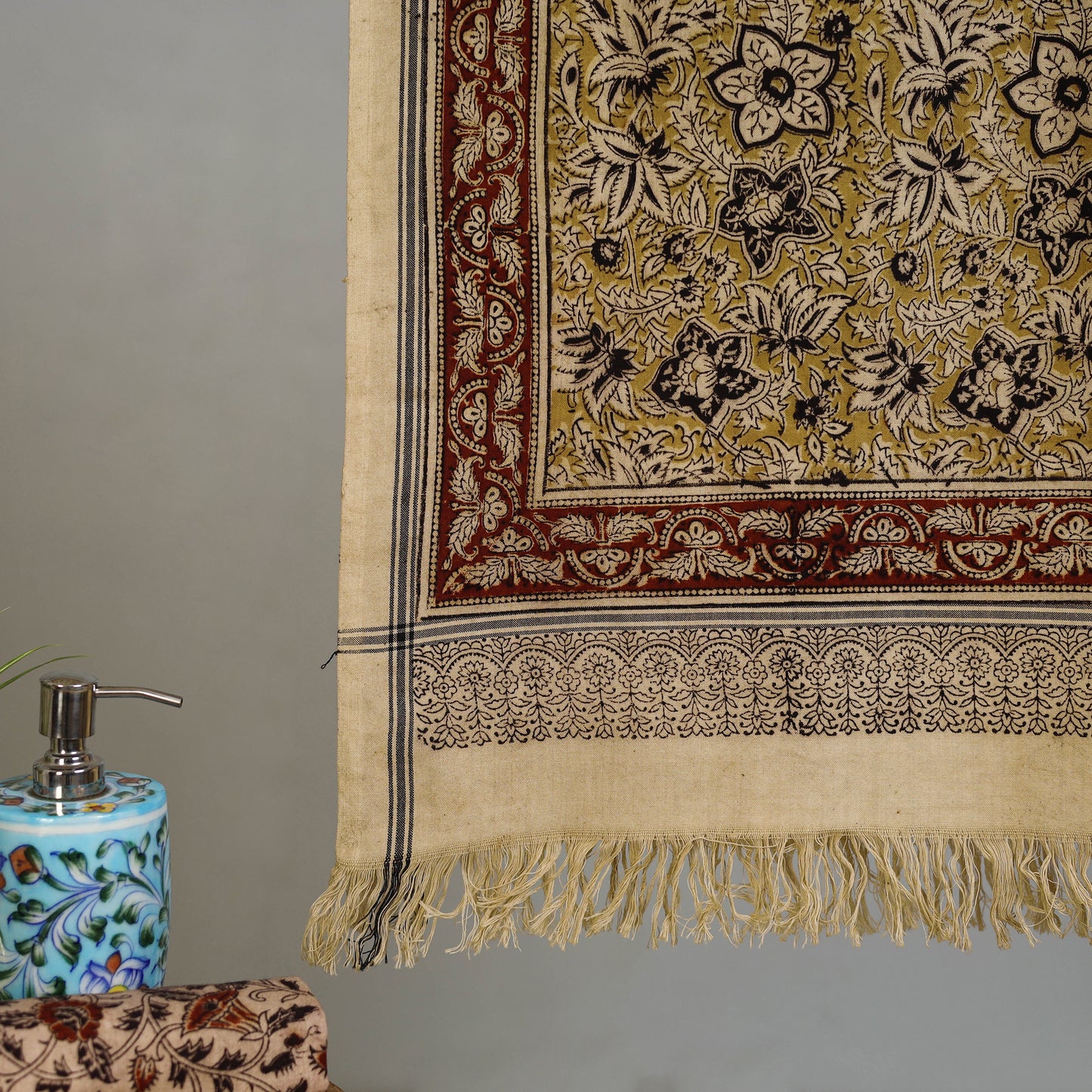 Yellow - Handloom Cotton Natural Dyed Block Print Pedana Kalamkari Towel 01