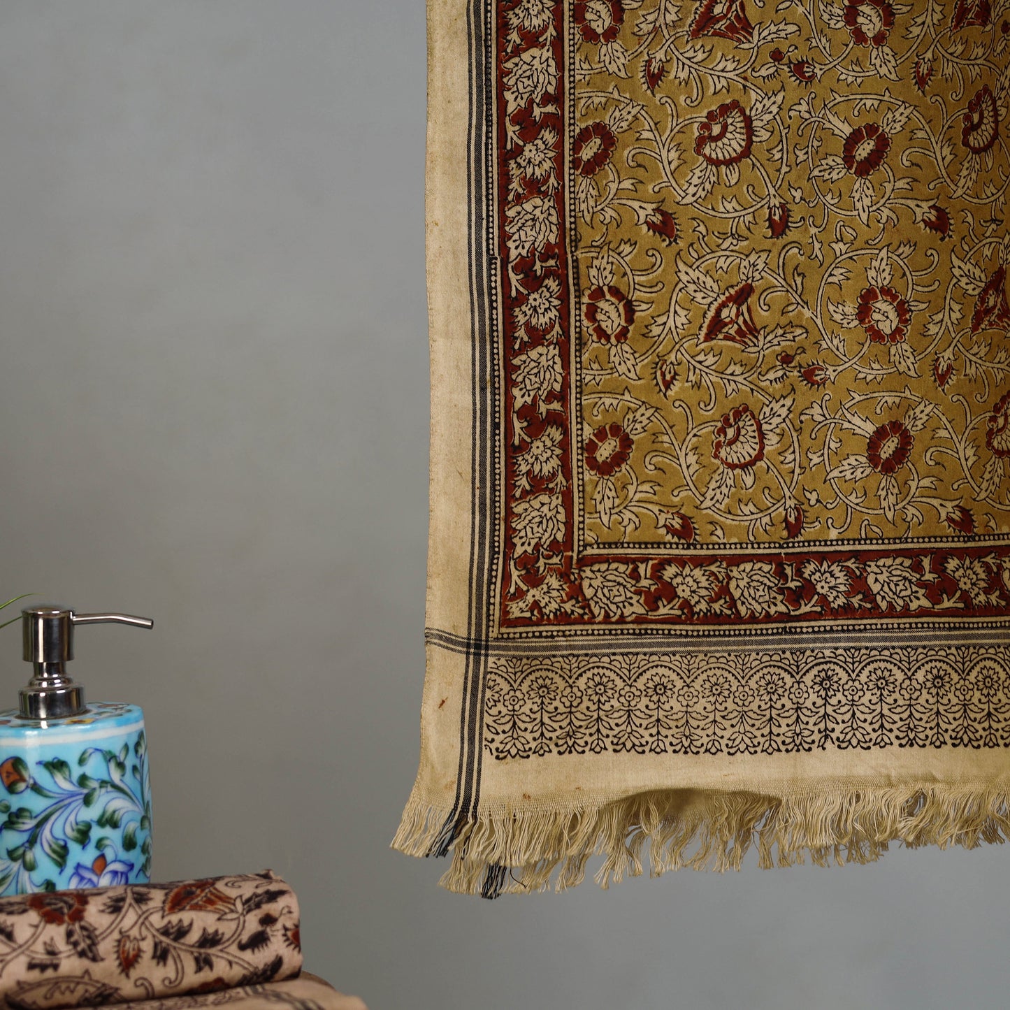 Yellow - Handloom Cotton Natural Dyed Block Print Pedana Kalamkari Towel 02