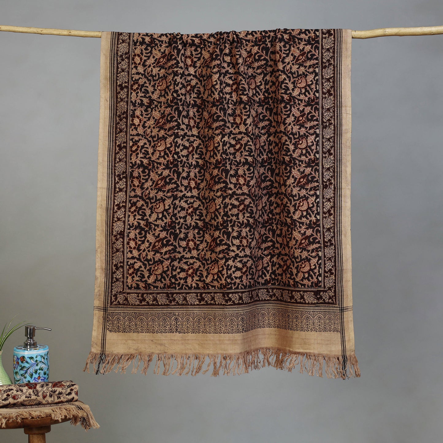 Brown - Handloom Cotton Natural Dyed Block Print Pedana Kalamkari Towel 04