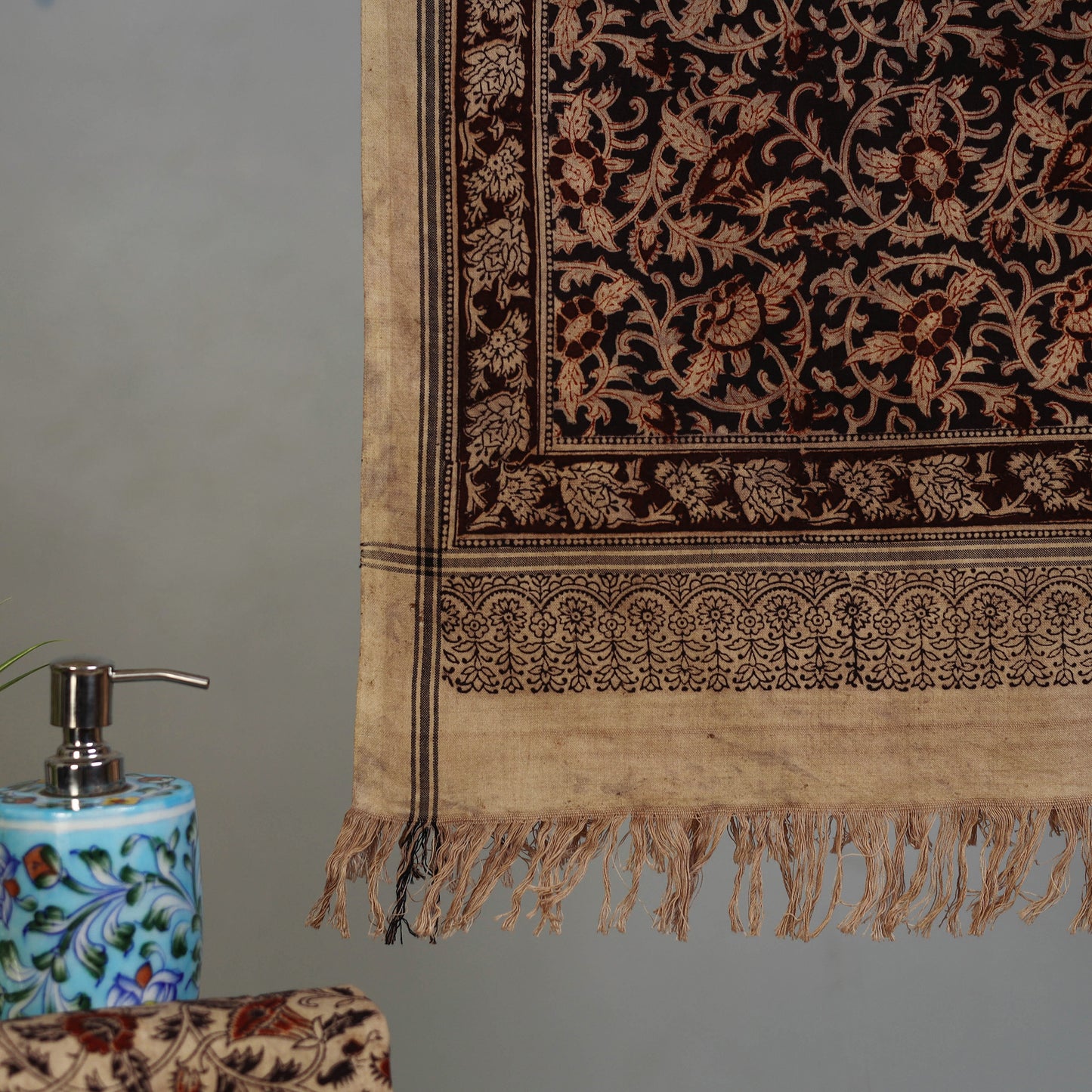 Brown - Handloom Cotton Natural Dyed Block Print Pedana Kalamkari Towel 04