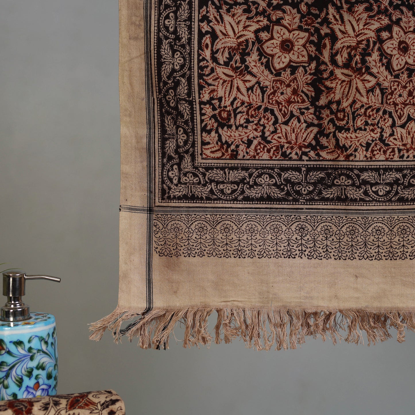 Brown - Handloom Cotton Natural Dyed Block Print Pedana Kalamkari Towel 05