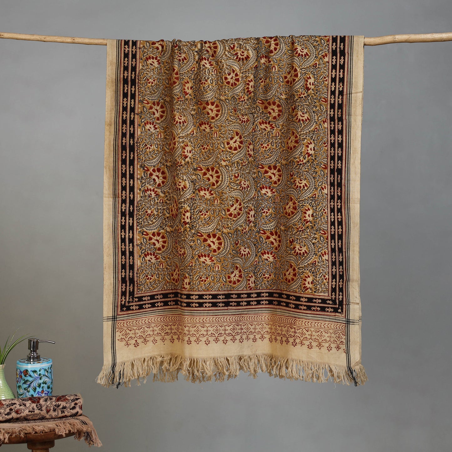 Beige - Handloom Cotton Natural Dyed Block Print Pedana Kalamkari Towel 09