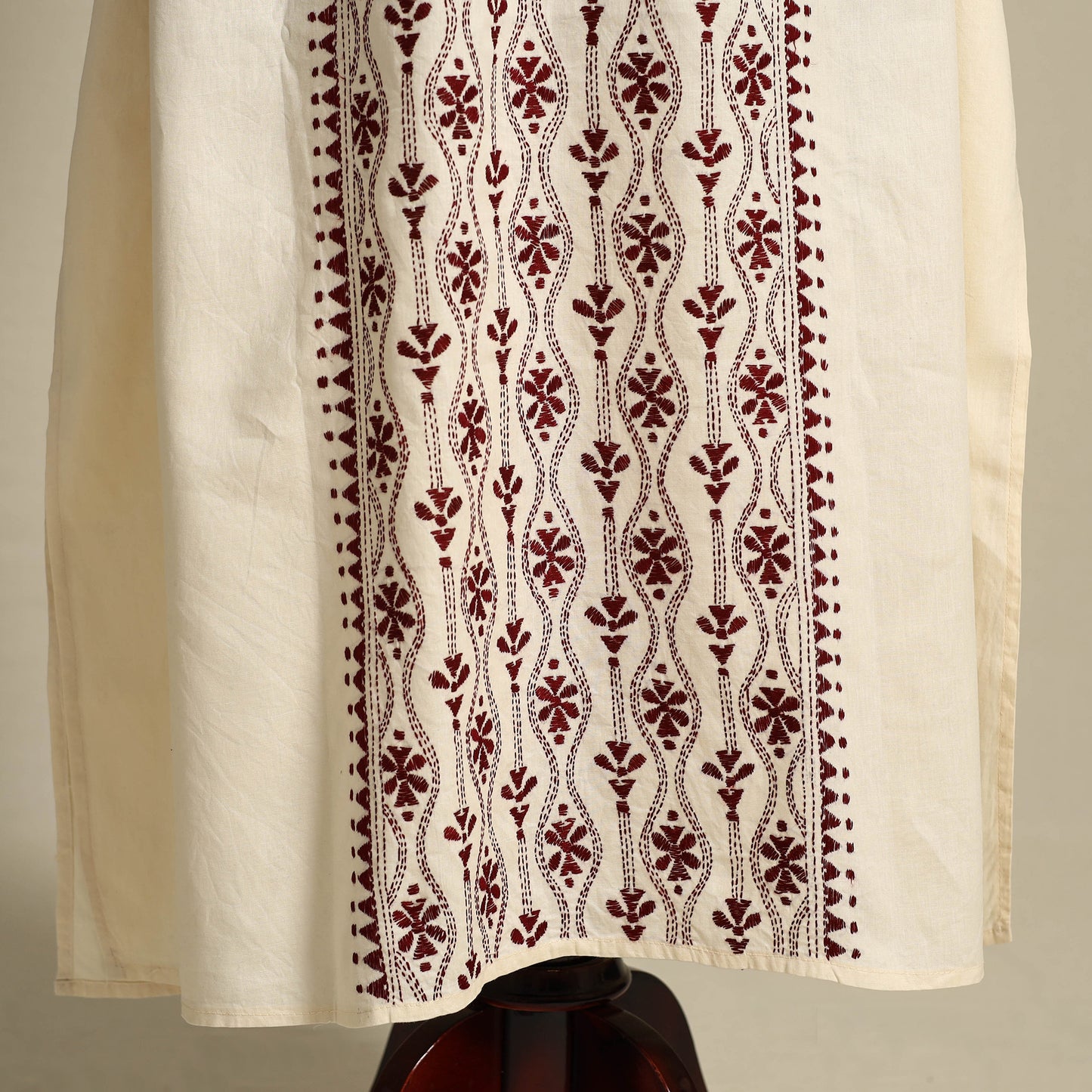Beige Bengal Kantha Hand Embroidery Cotton Kaftan (Long)