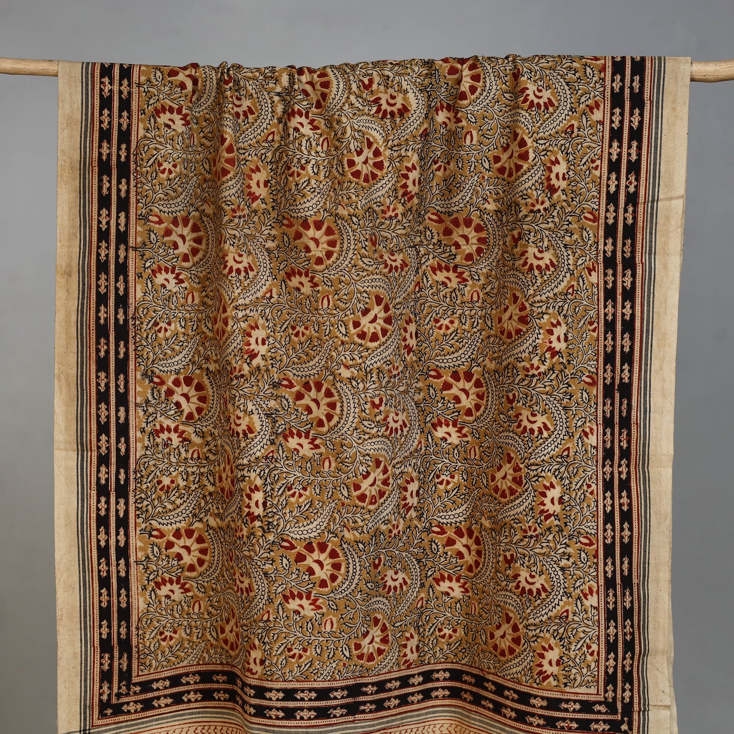 Beige - Handloom Cotton Natural Dyed Block Print Pedana Kalamkari Towel 09