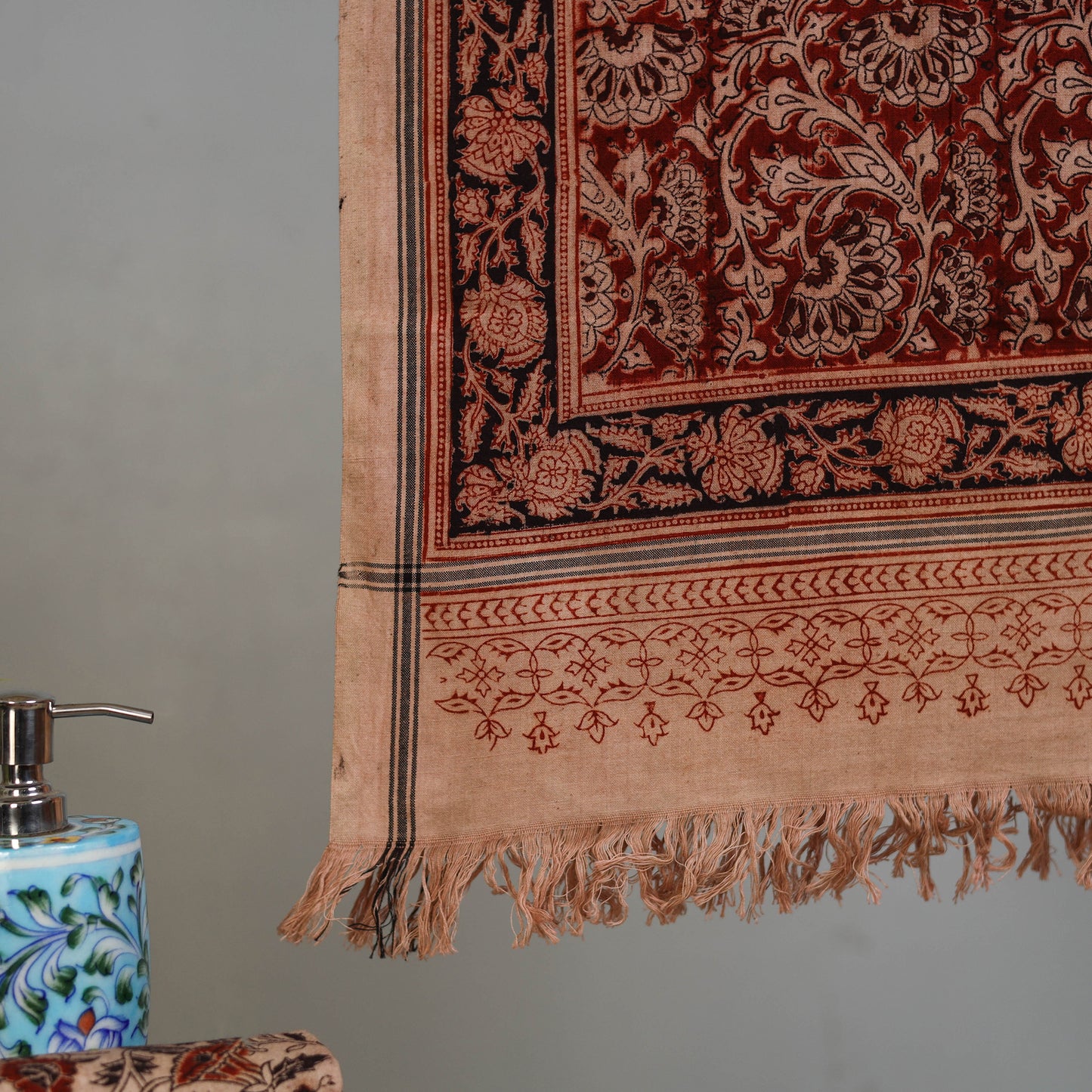 Maroon - Handloom Cotton Natural Dyed Block Print Pedana Kalamkari Towel 10