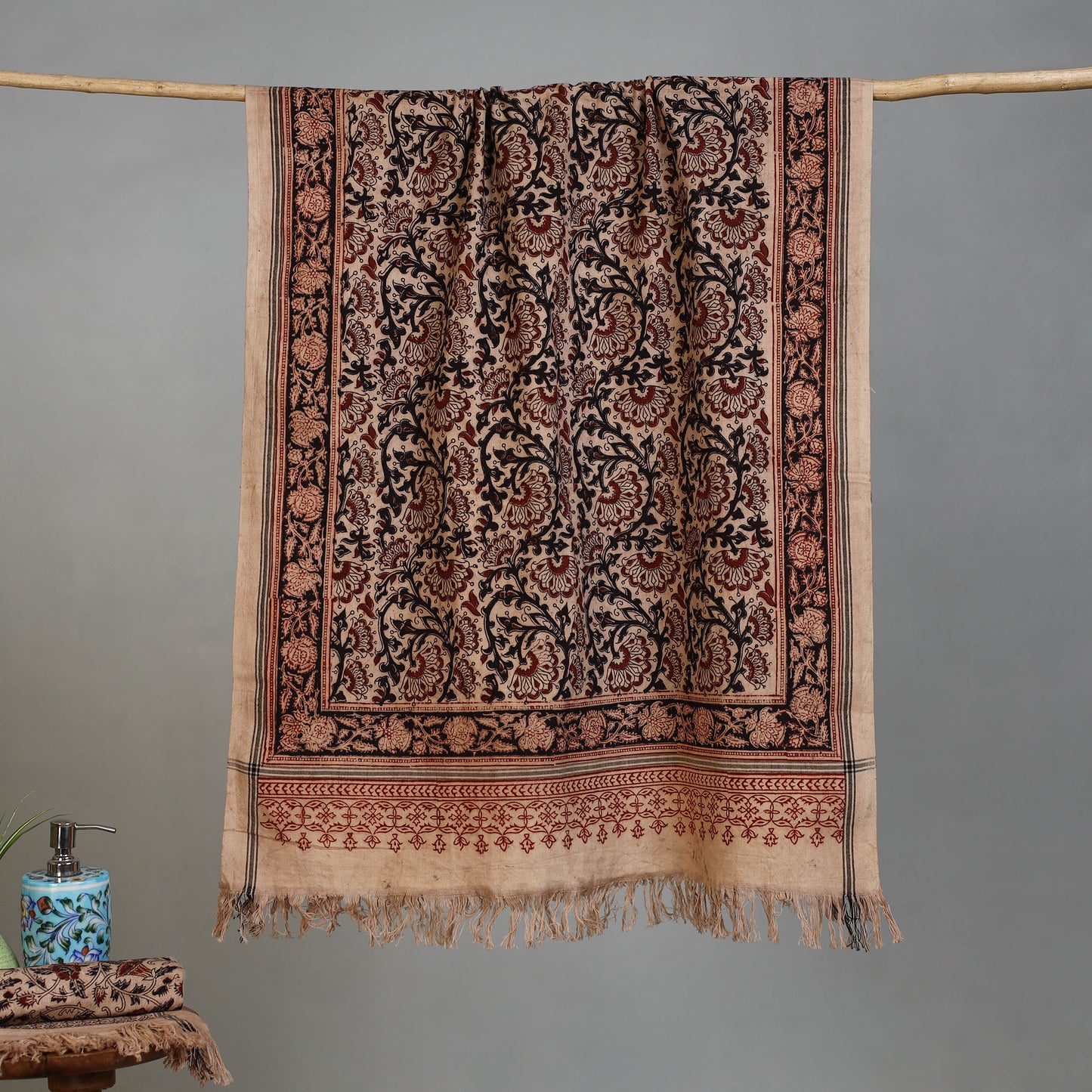 Beige - Handloom Cotton Natural Dyed Block Print Pedana Kalamkari Towel 15