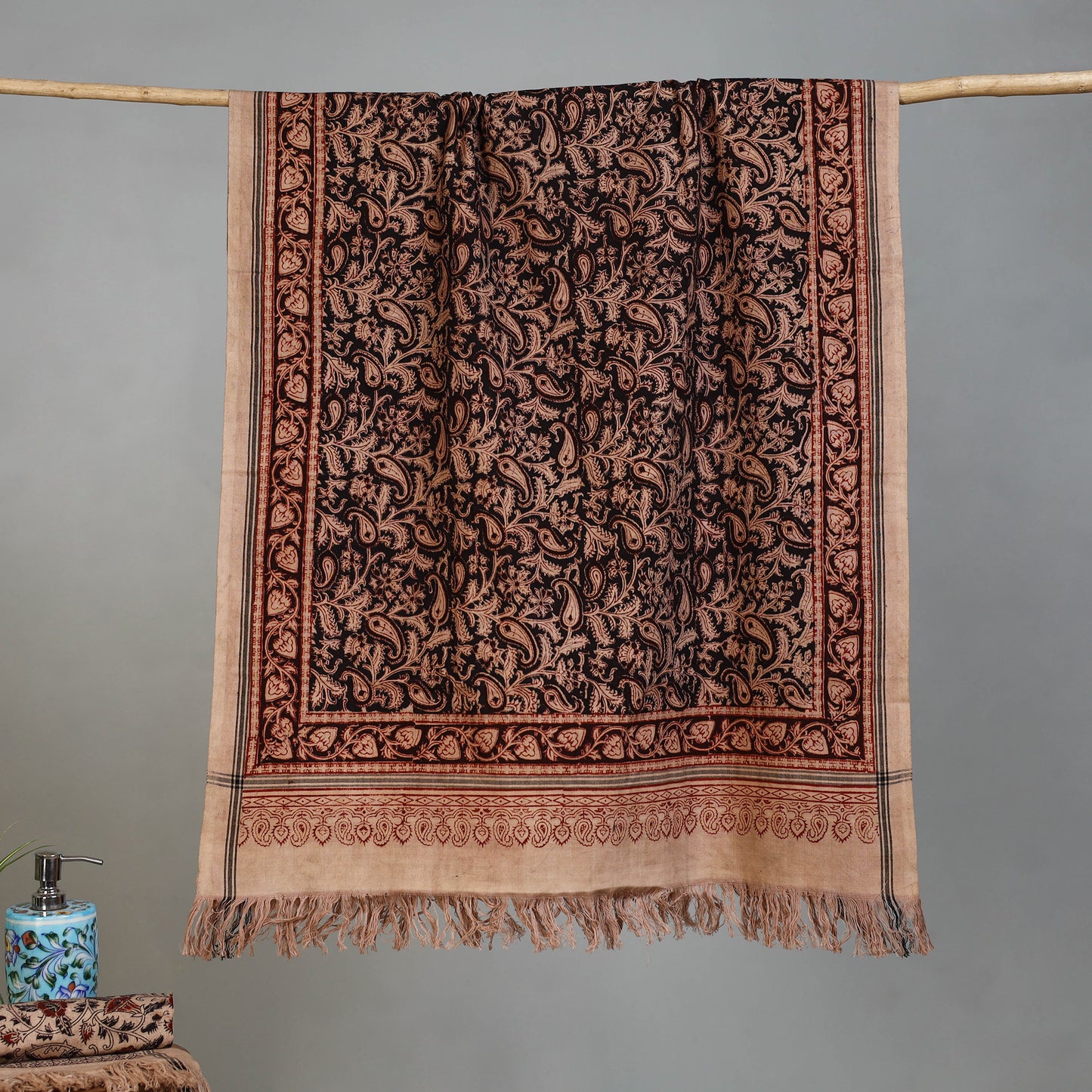 Beige - Handloom Cotton Natural Dyed Block Print Pedana Kalamkari Towel 16